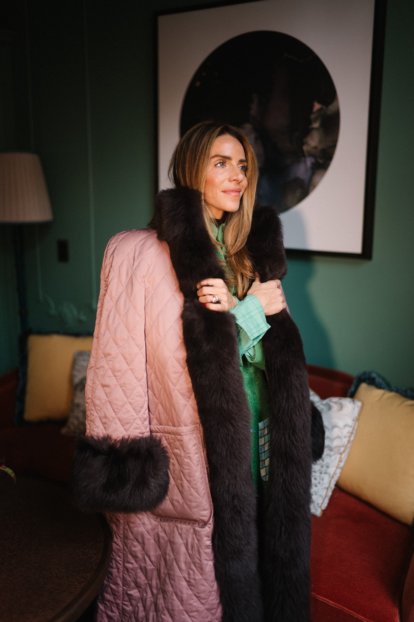 fur trimmed pink quilted winter coat green and blue tweed jacket