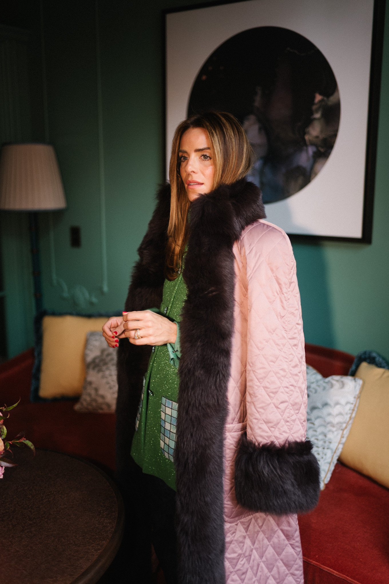fur trimmed pink quilted winter coat green and blue tweed jacket