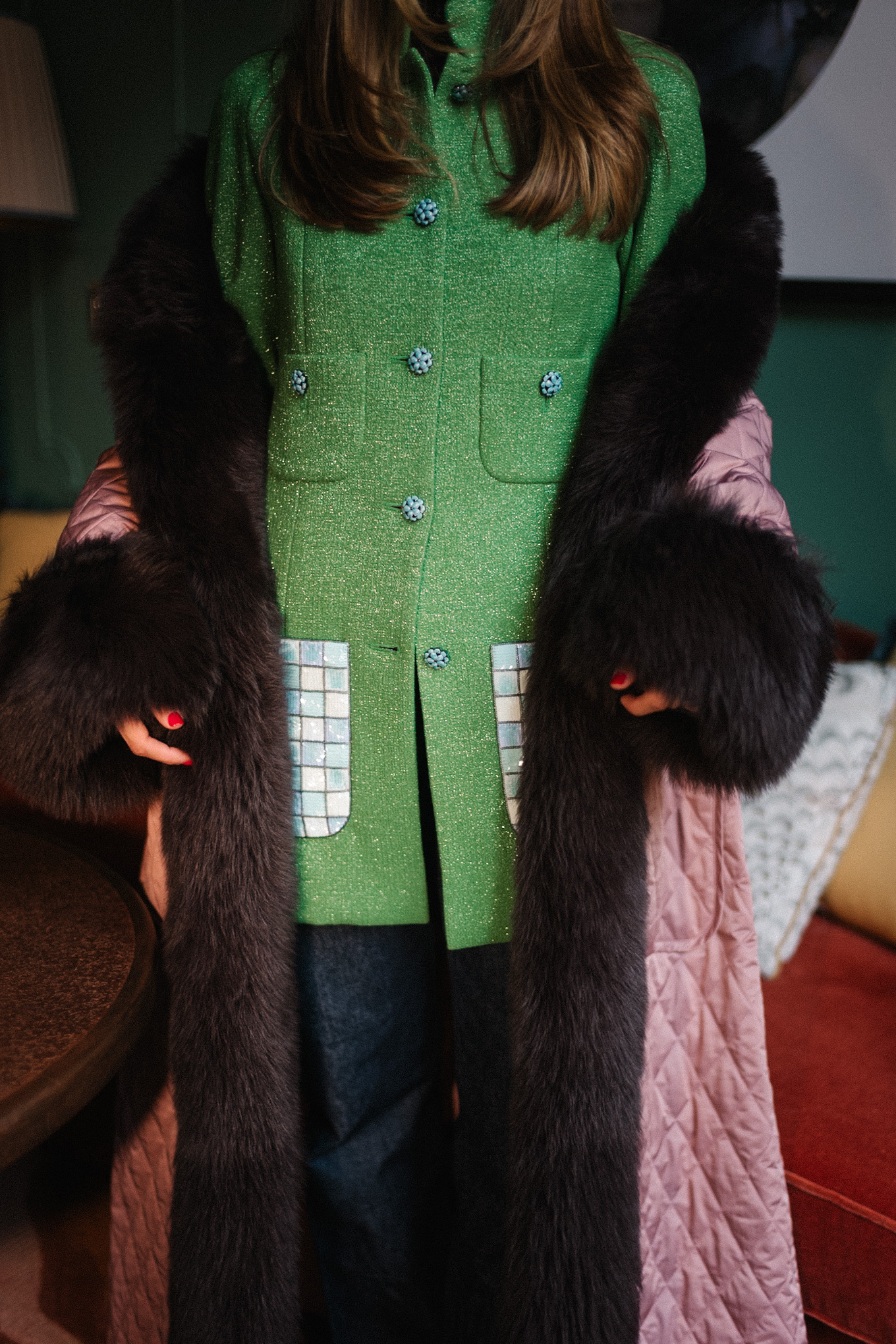 fur trimmed pink quilted winter coat green and blue tweed jacket
