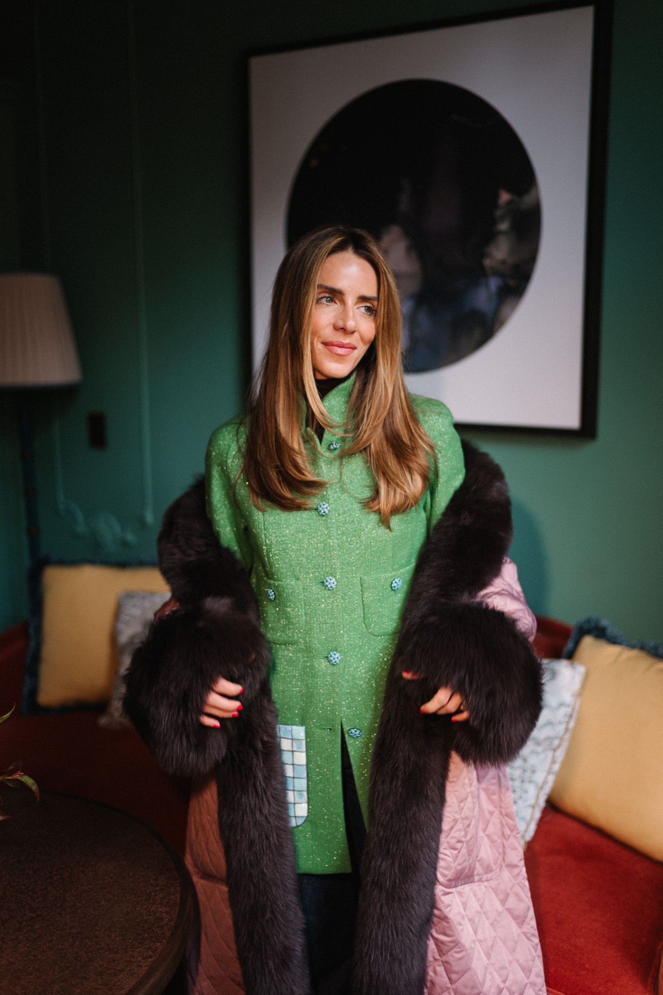 fur trimmed pink quilted winter coat green and blue tweed jacket