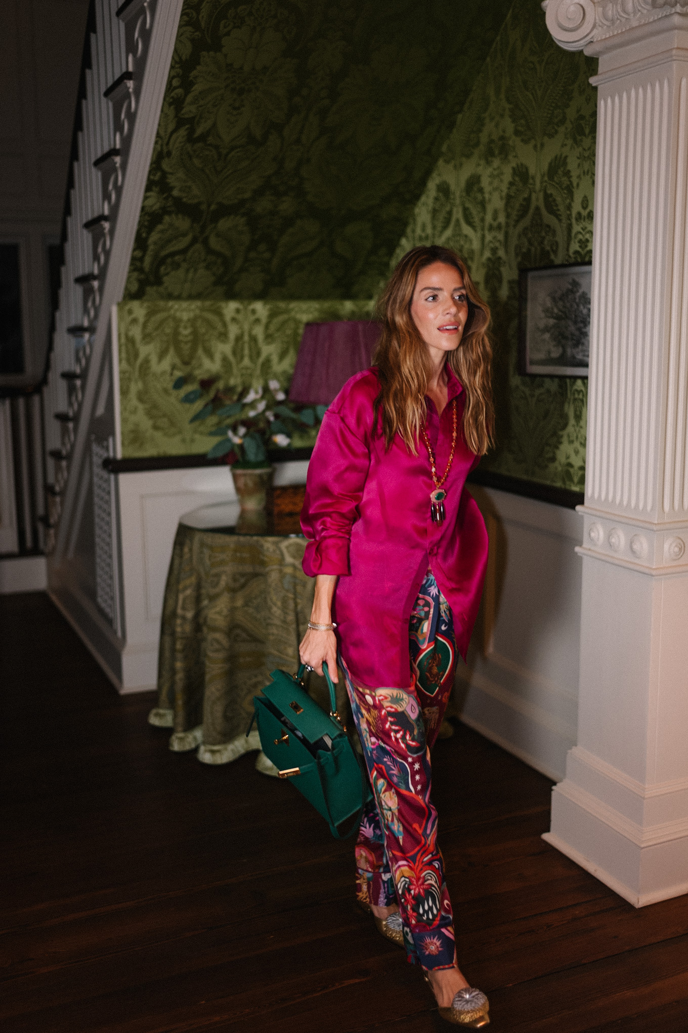 magenta silk blouse silk patterned pants green handbag