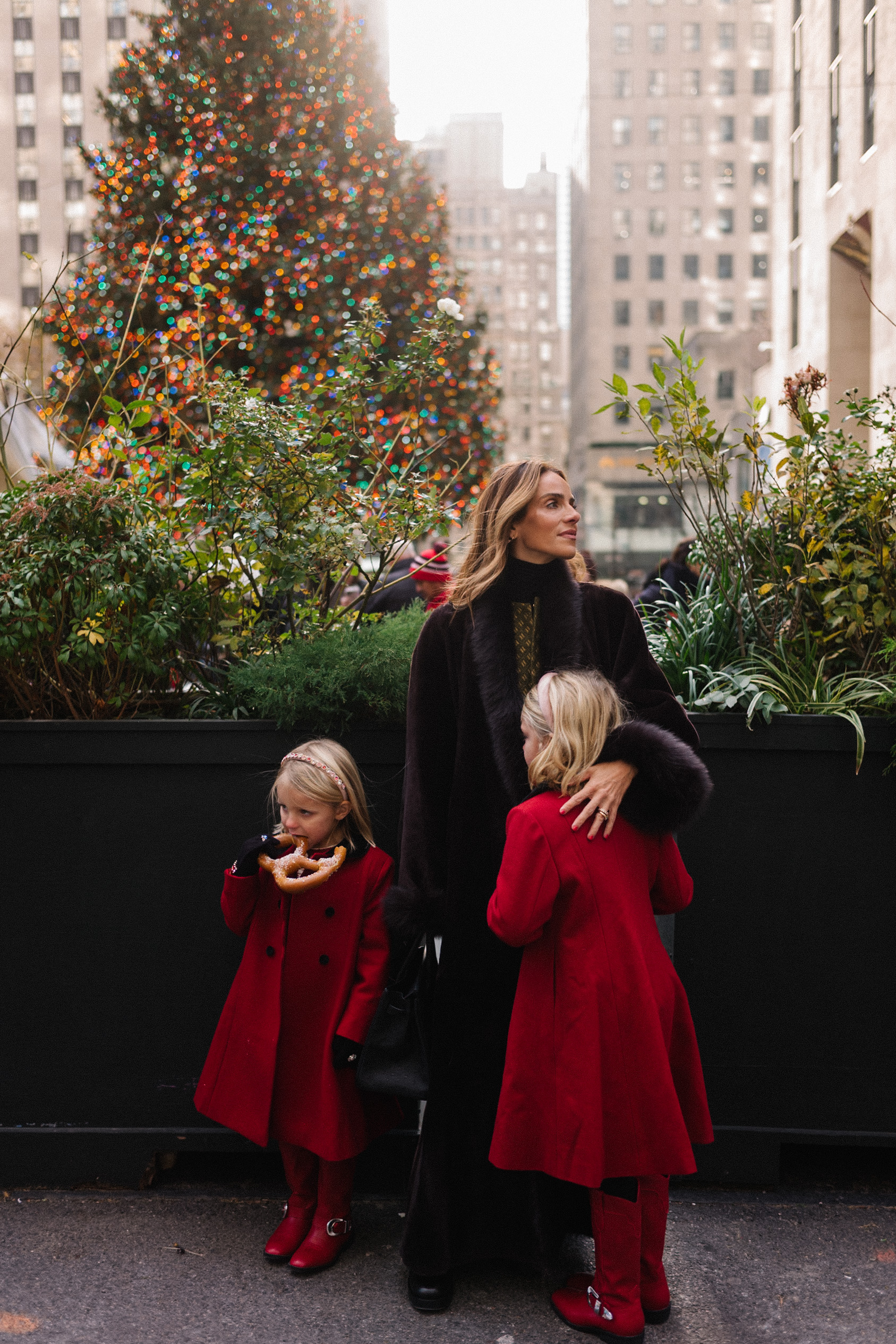 brown fur trimmed coat green jacquard skirt set