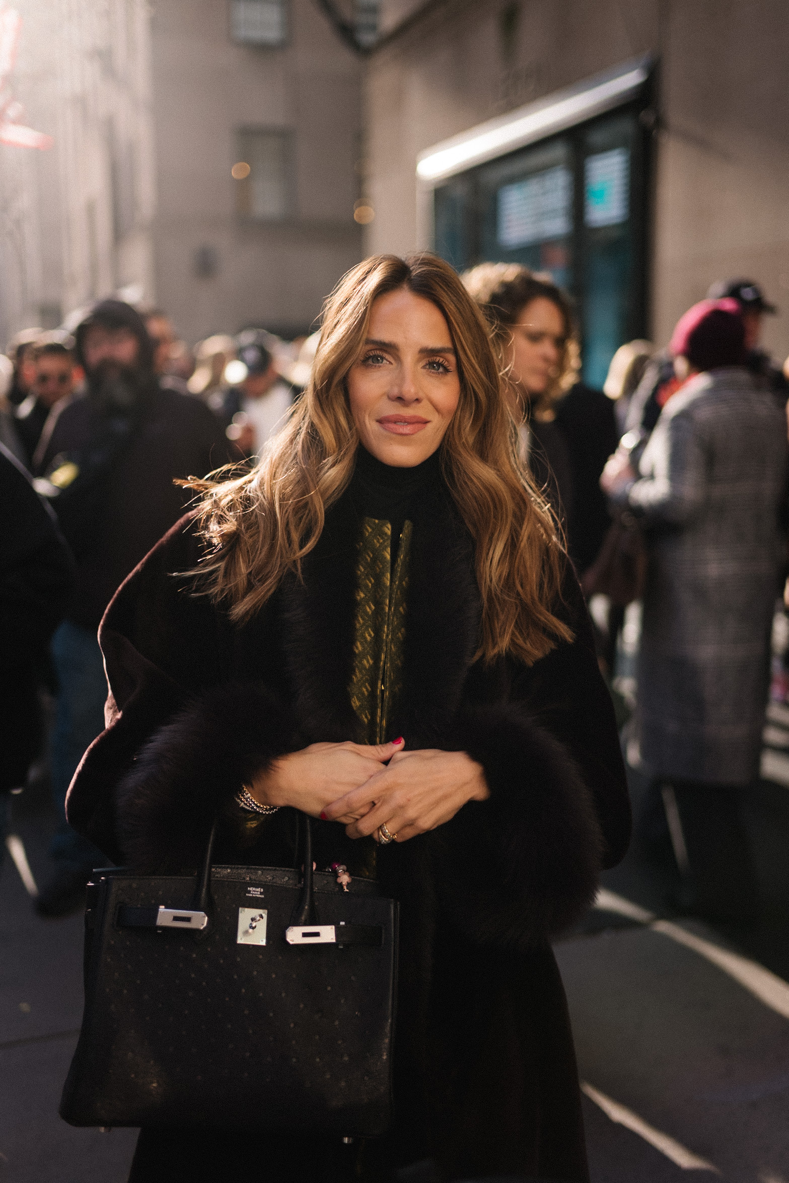 brown fur trimmed coat green jacquard skirt set