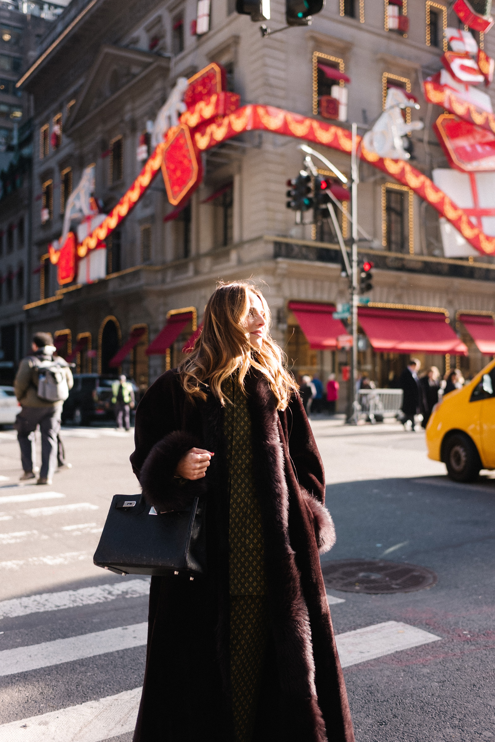 brown fur trimmed coat green jacquard skirt set