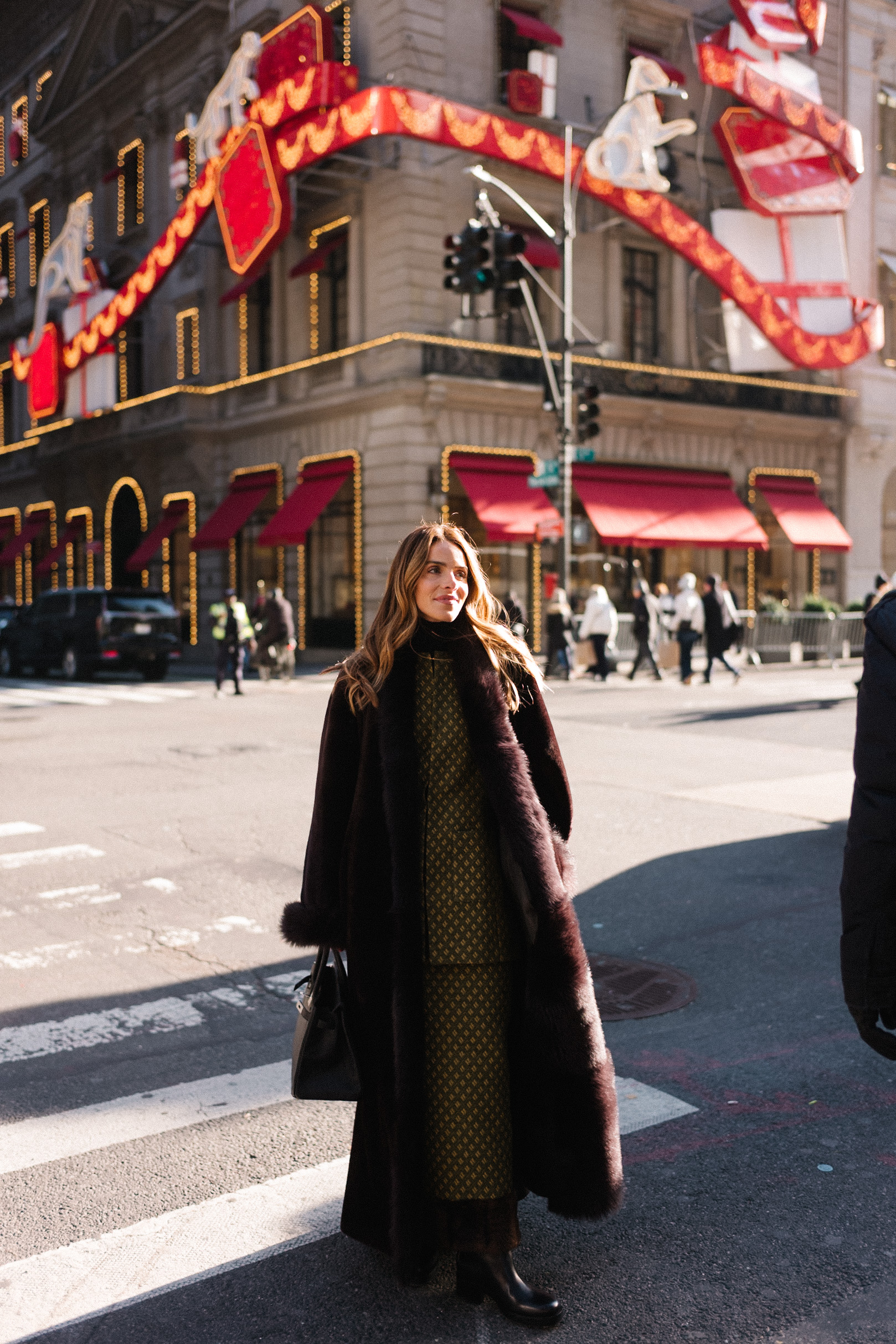 brown fur trimmed coat green jacquard skirt set