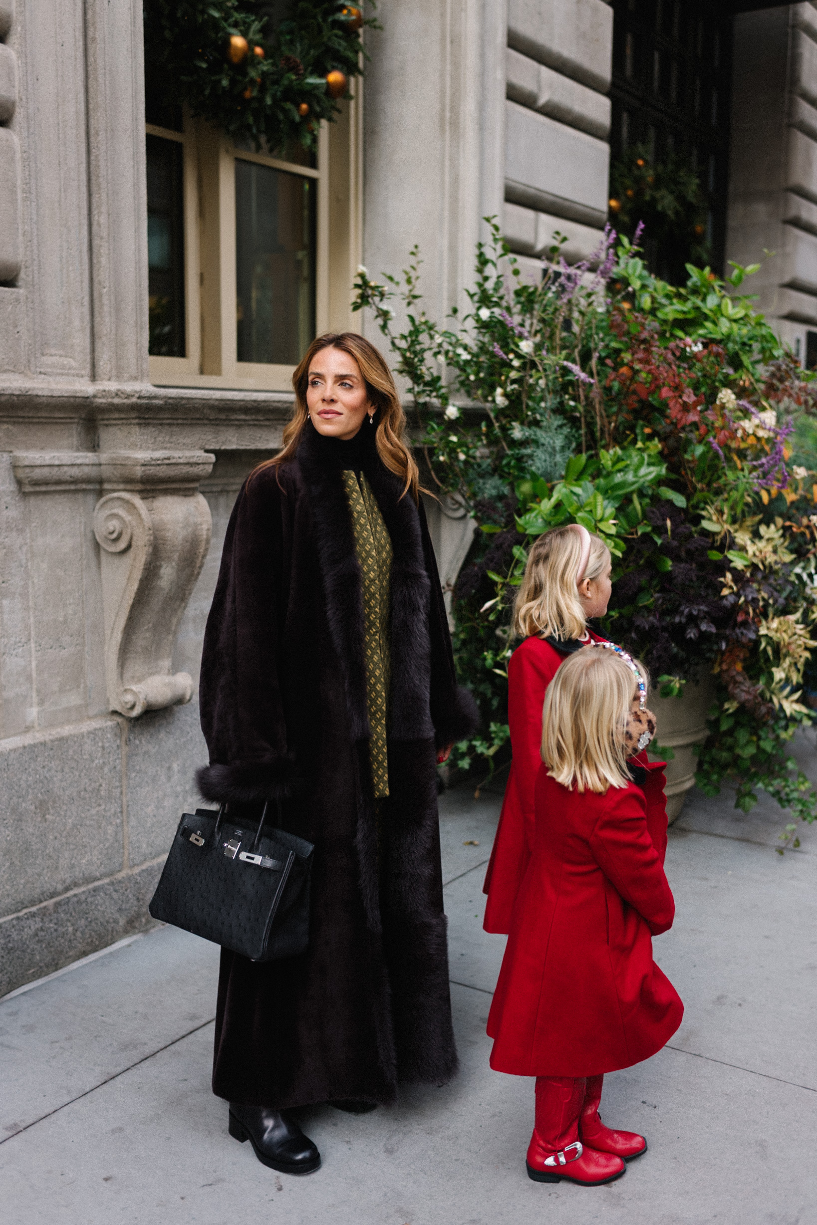 brown fur trimmed coat green jacquard skirt set