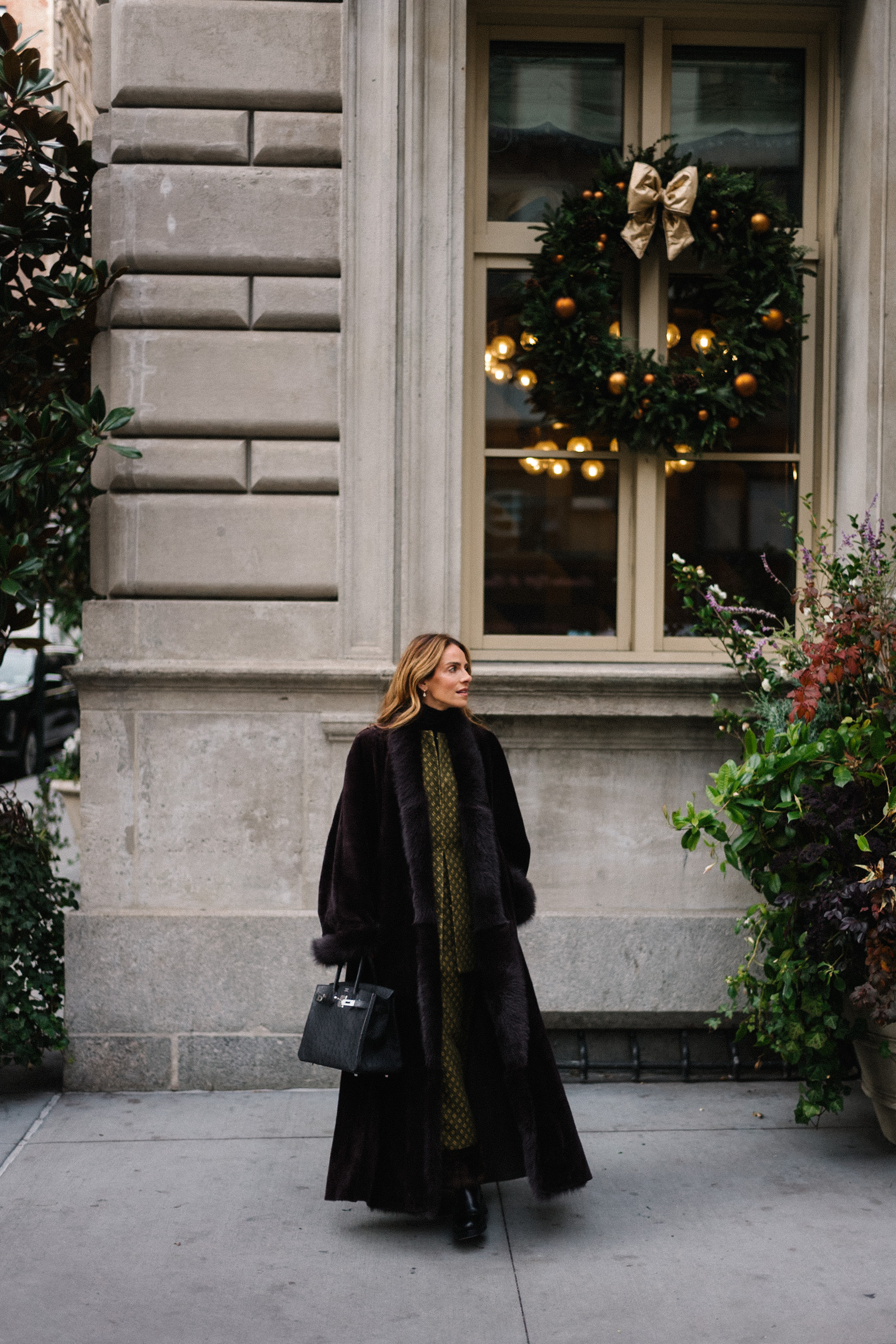 brown fur trimmed coat green jacquard skirt set