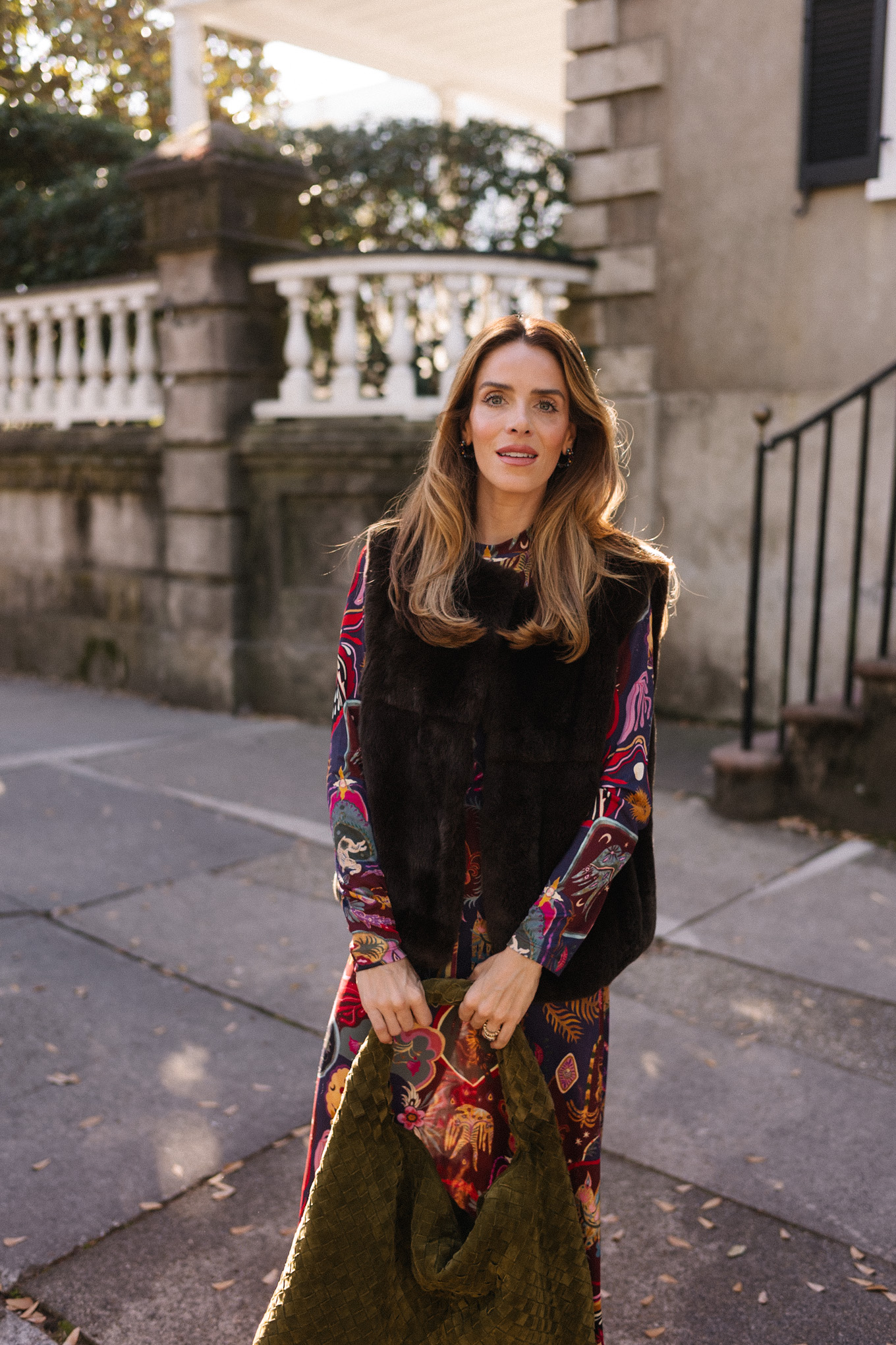 patterned maxi dress faux fur dress suede hobo bag