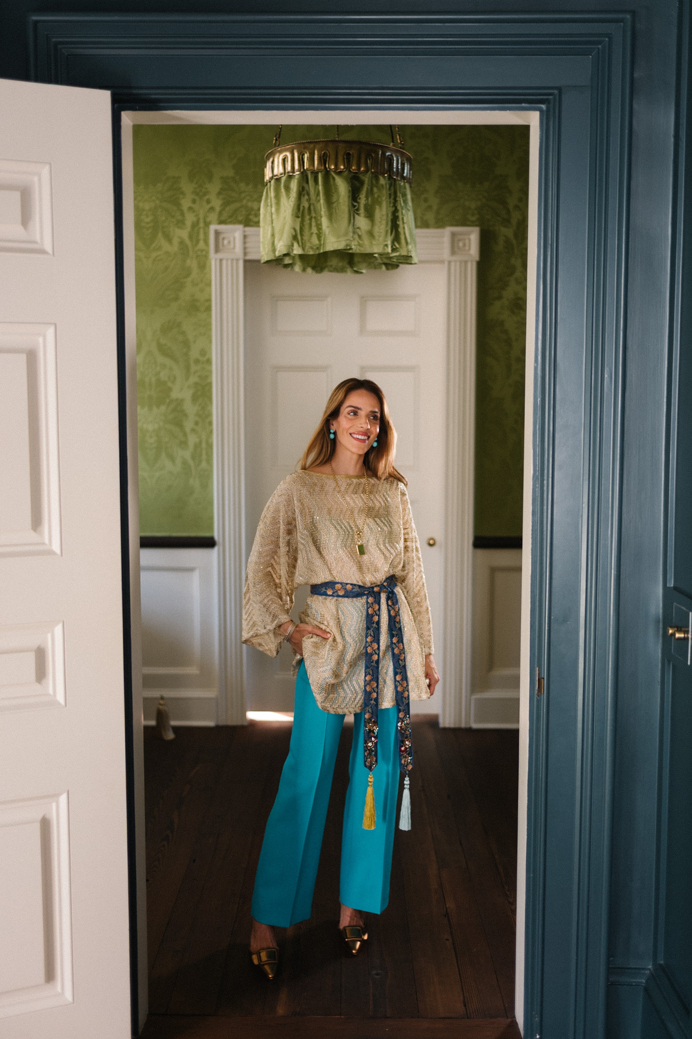 metallic knit top turquoise silk pants silk tie belt