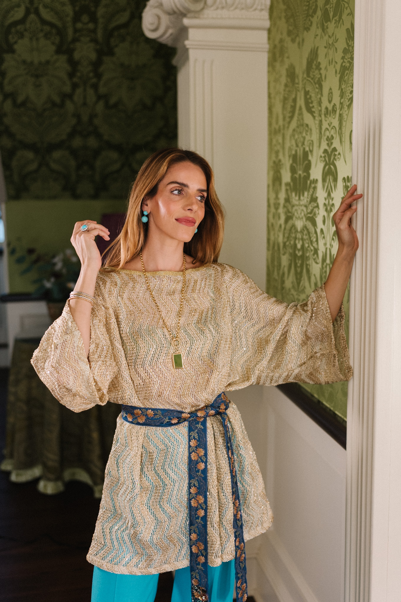 metallic knit top turquoise silk pants silk tie belt