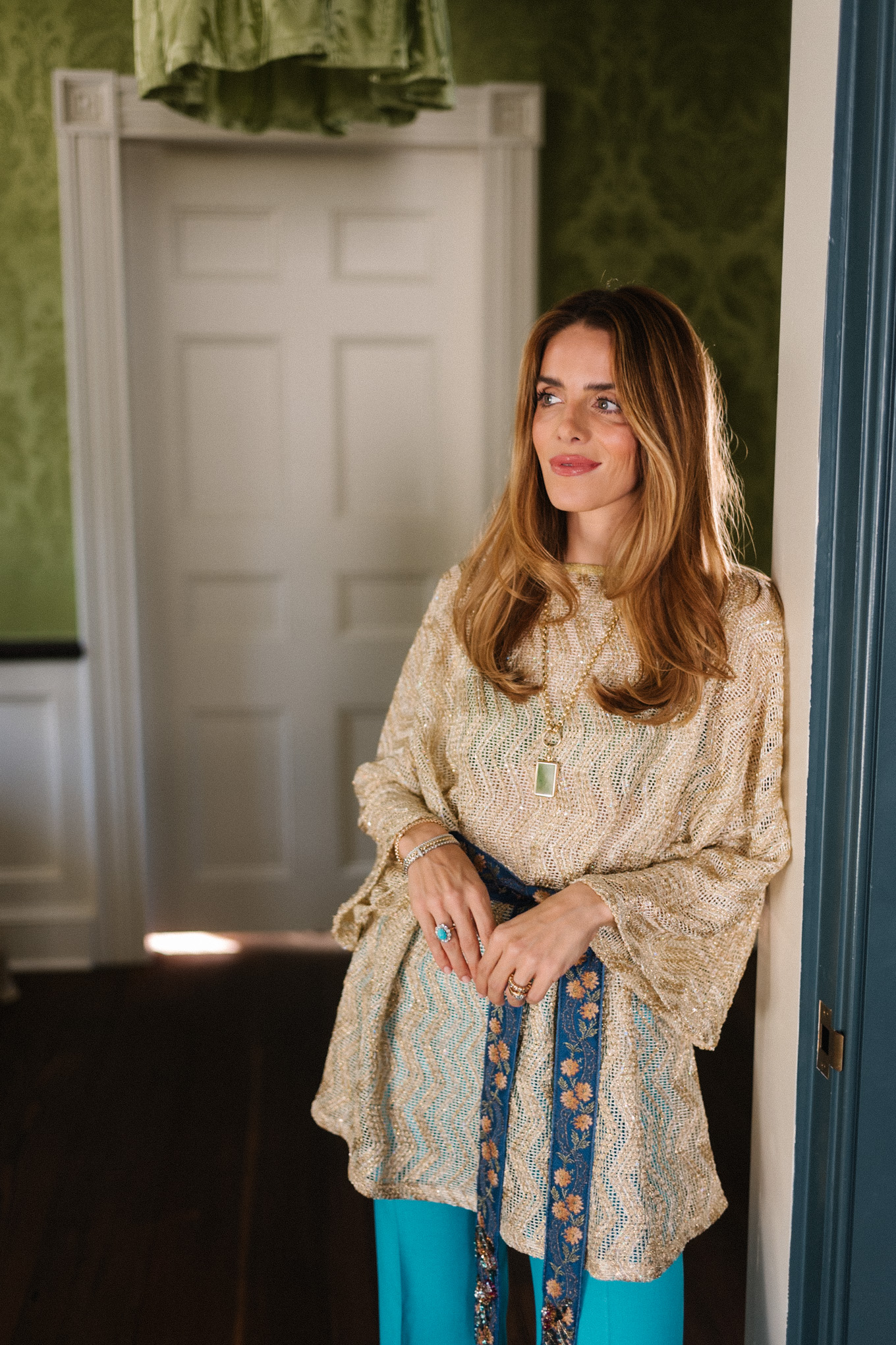 metallic knit top turquoise silk pants silk tie belt