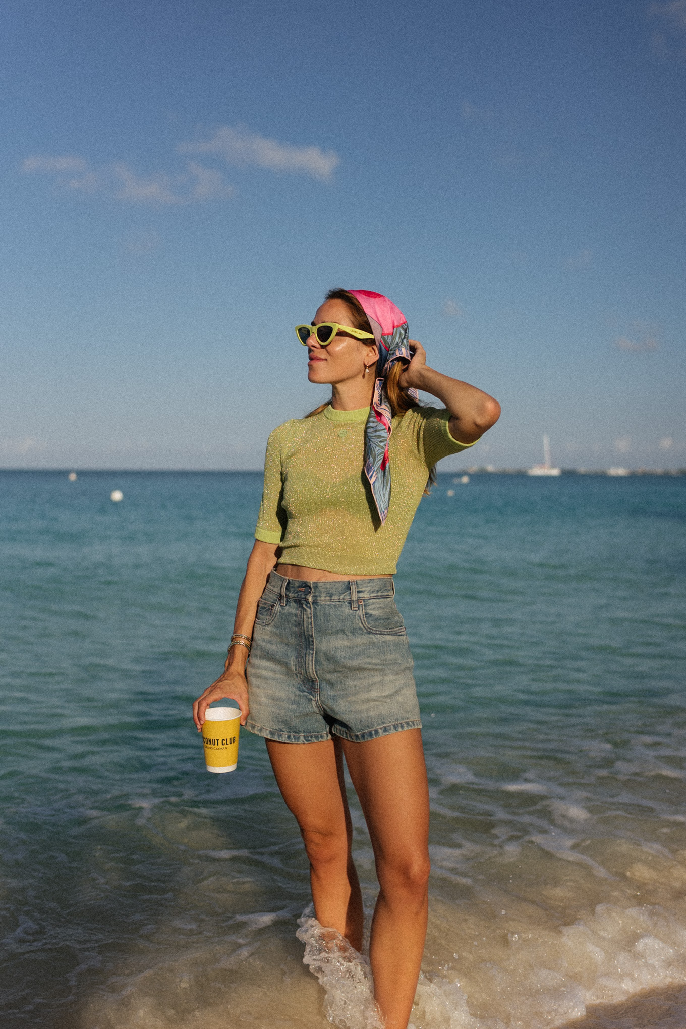 green sheer tee silk head scarf denim shorts