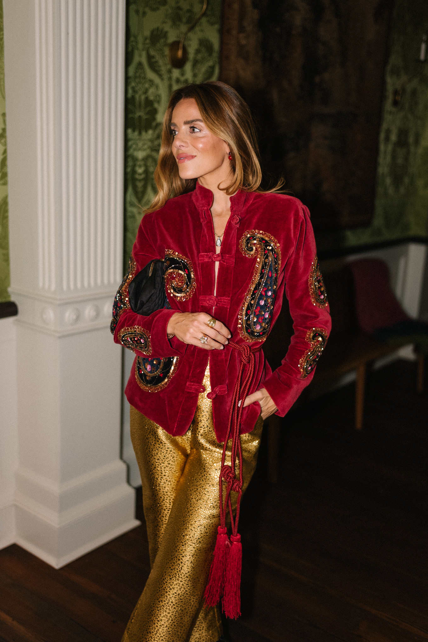 velvet embroidered embellished jacket fringe metallic pants leopard pumps