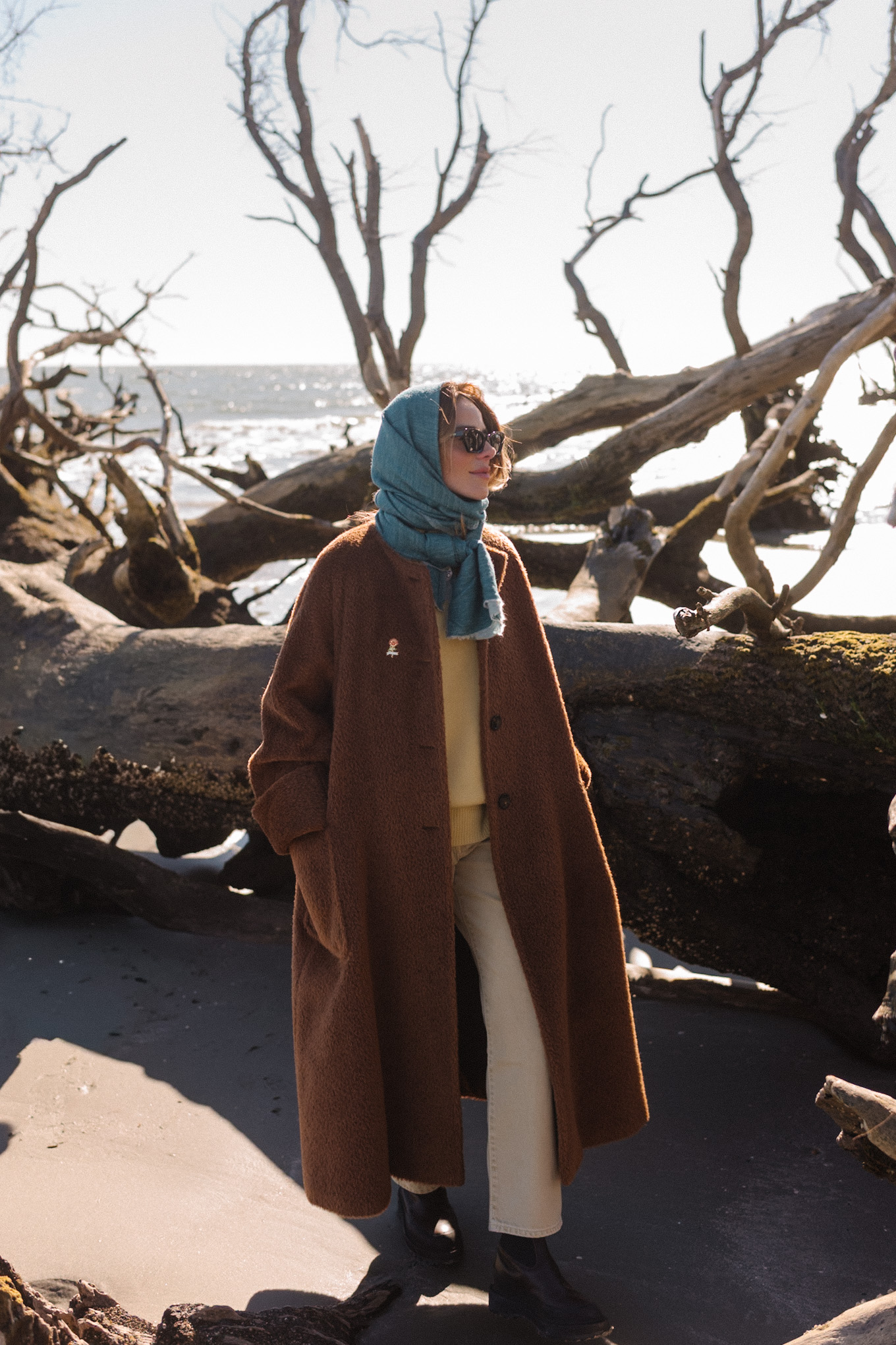 Brown oversized fleece coat Blue scarf Yellow sweater Cream denim Brown boots