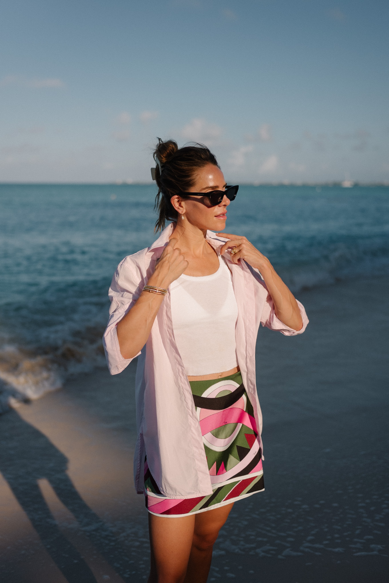 pink button down white tank white bikini green pink graphic mini skirt