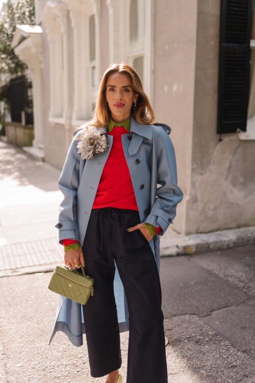 blue wool coat red sweater green blouse yellow flats flower brooch