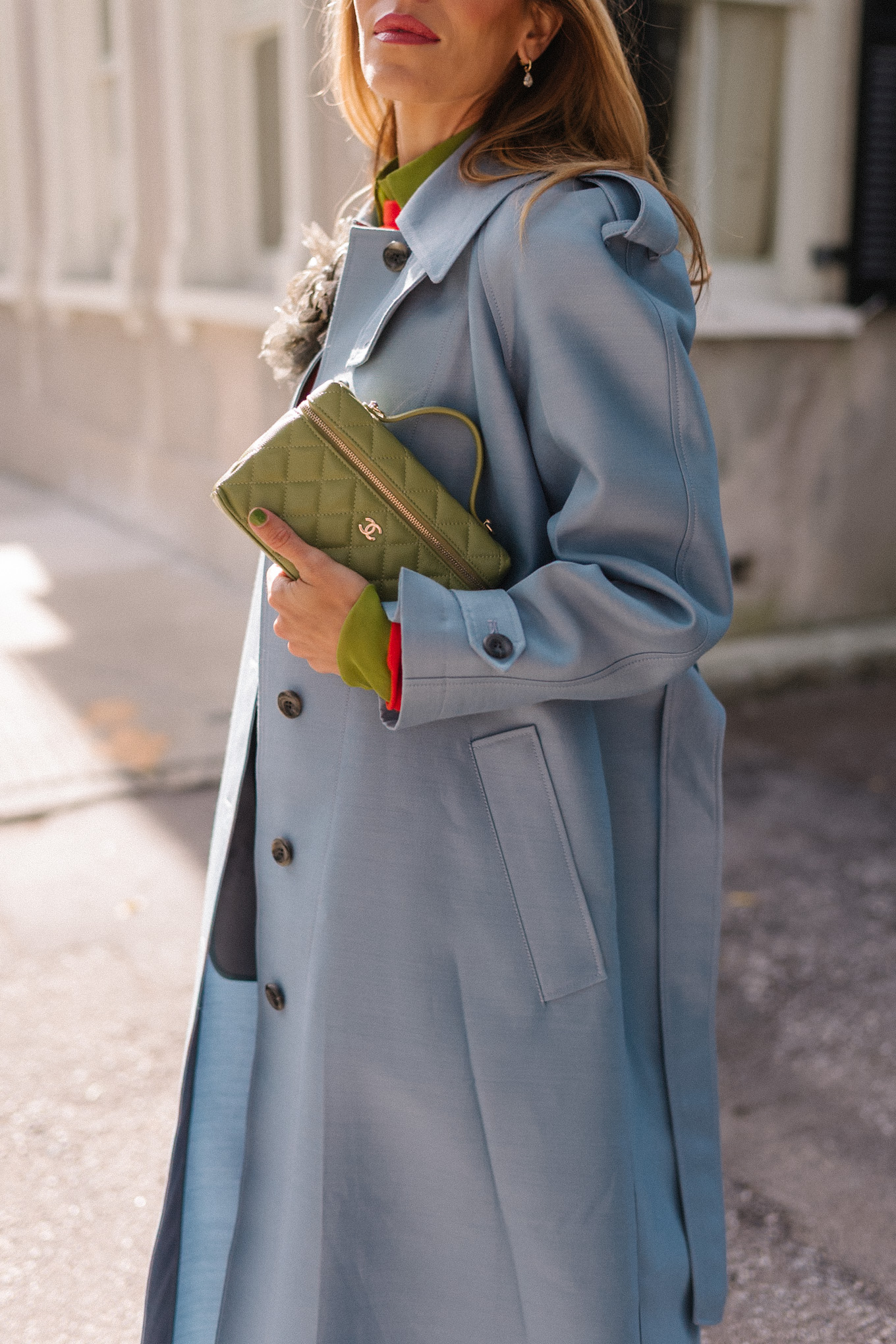 blue wool coat red sweater green blouse yellow flats flower brooch