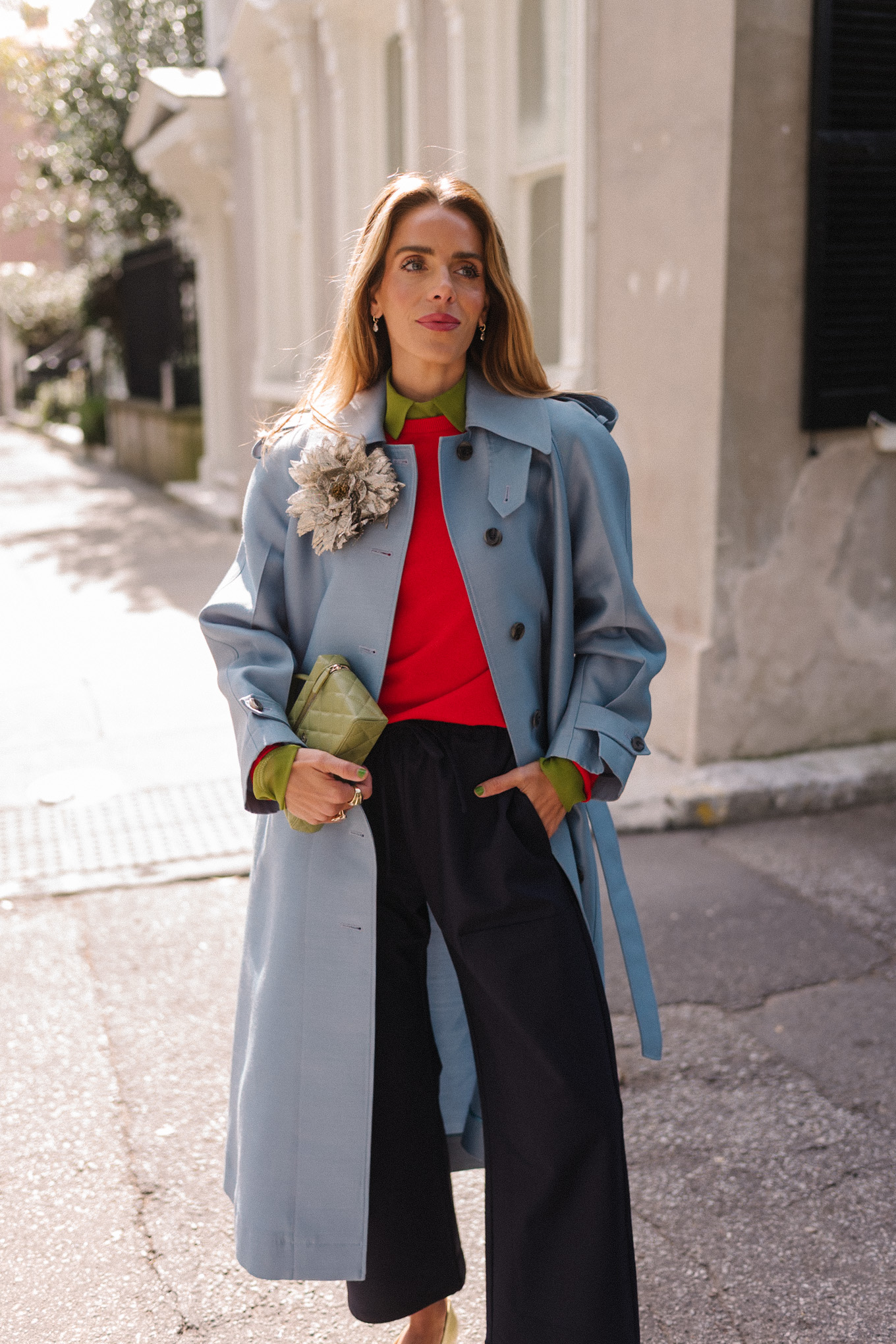 blue wool coat red sweater green blouse yellow flats flower brooch
