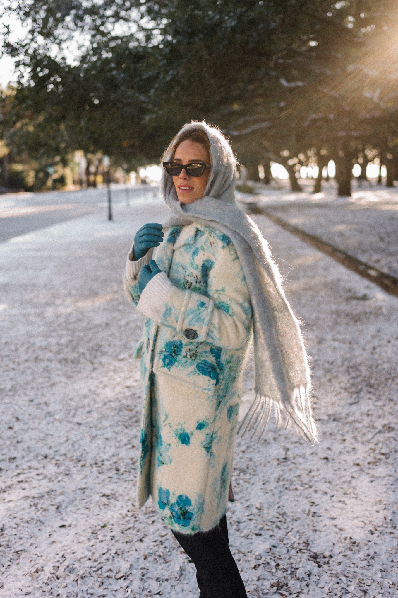 blue white floral wool coat blue gloves blue scarf