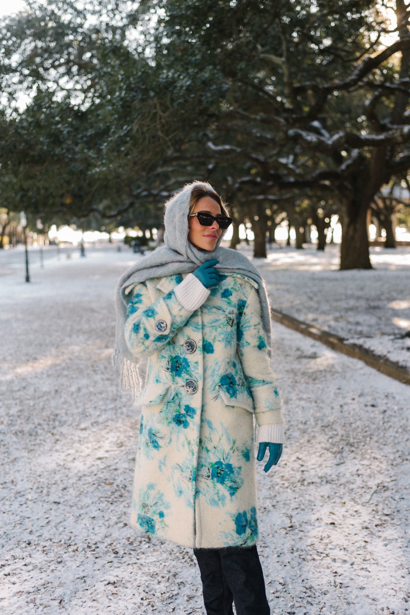 blue white floral wool coat blue gloves blue scarf