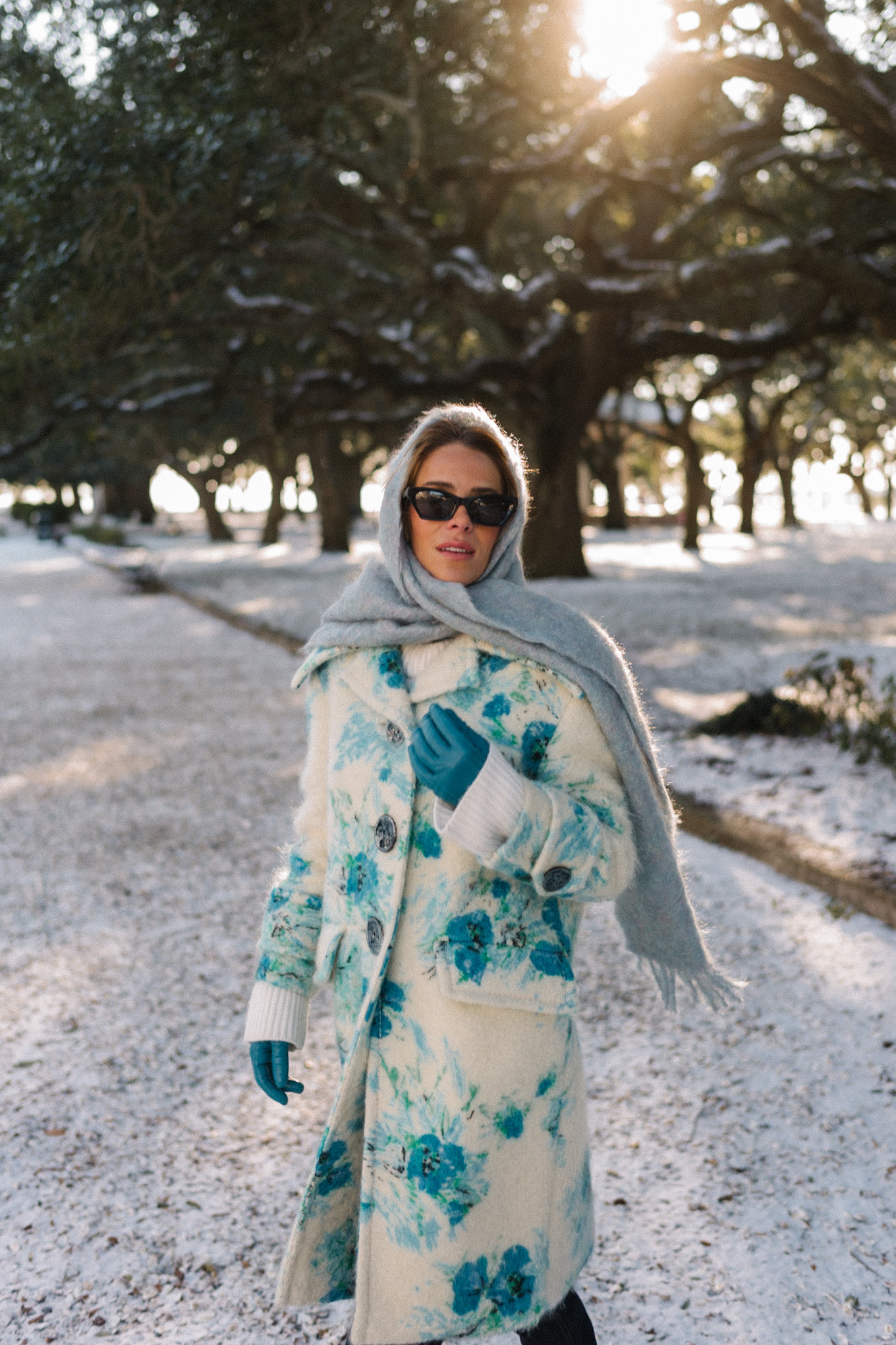 blue white floral wool coat blue gloves blue scarf