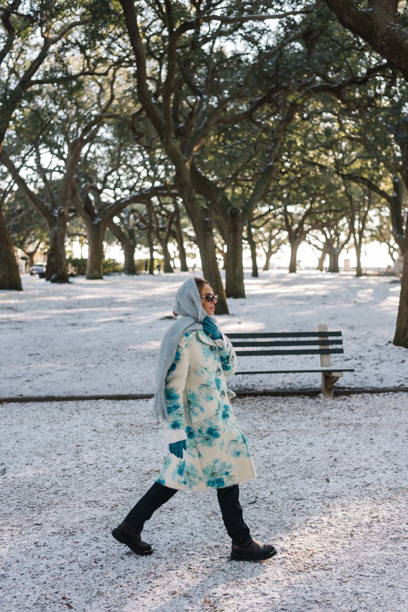 blue white floral wool coat blue gloves blue scarf