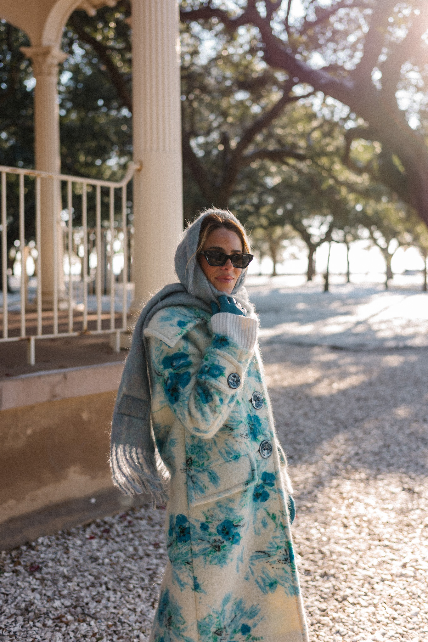 blue white floral wool coat blue gloves blue scarf