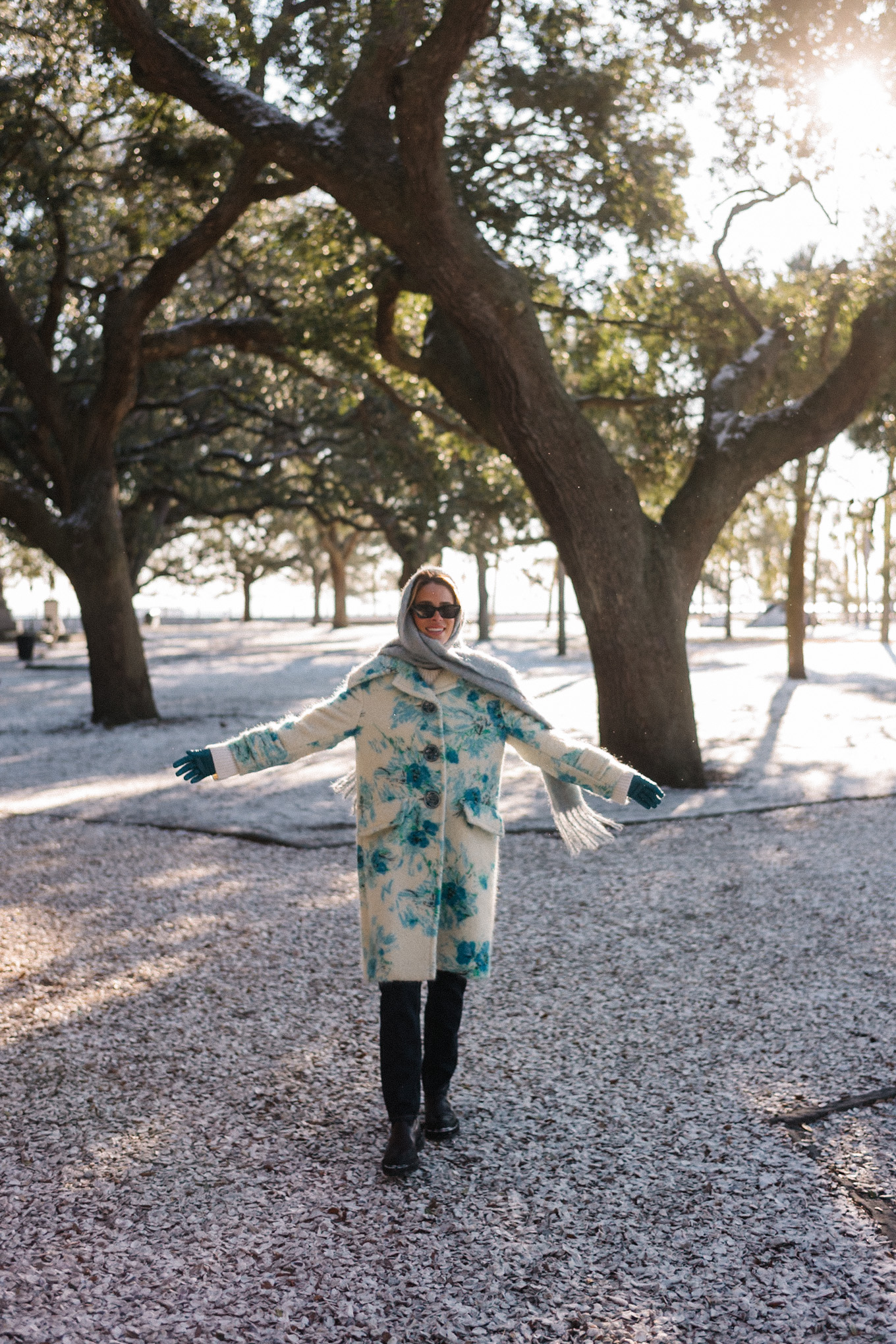 blue white floral wool coat blue gloves blue scarf