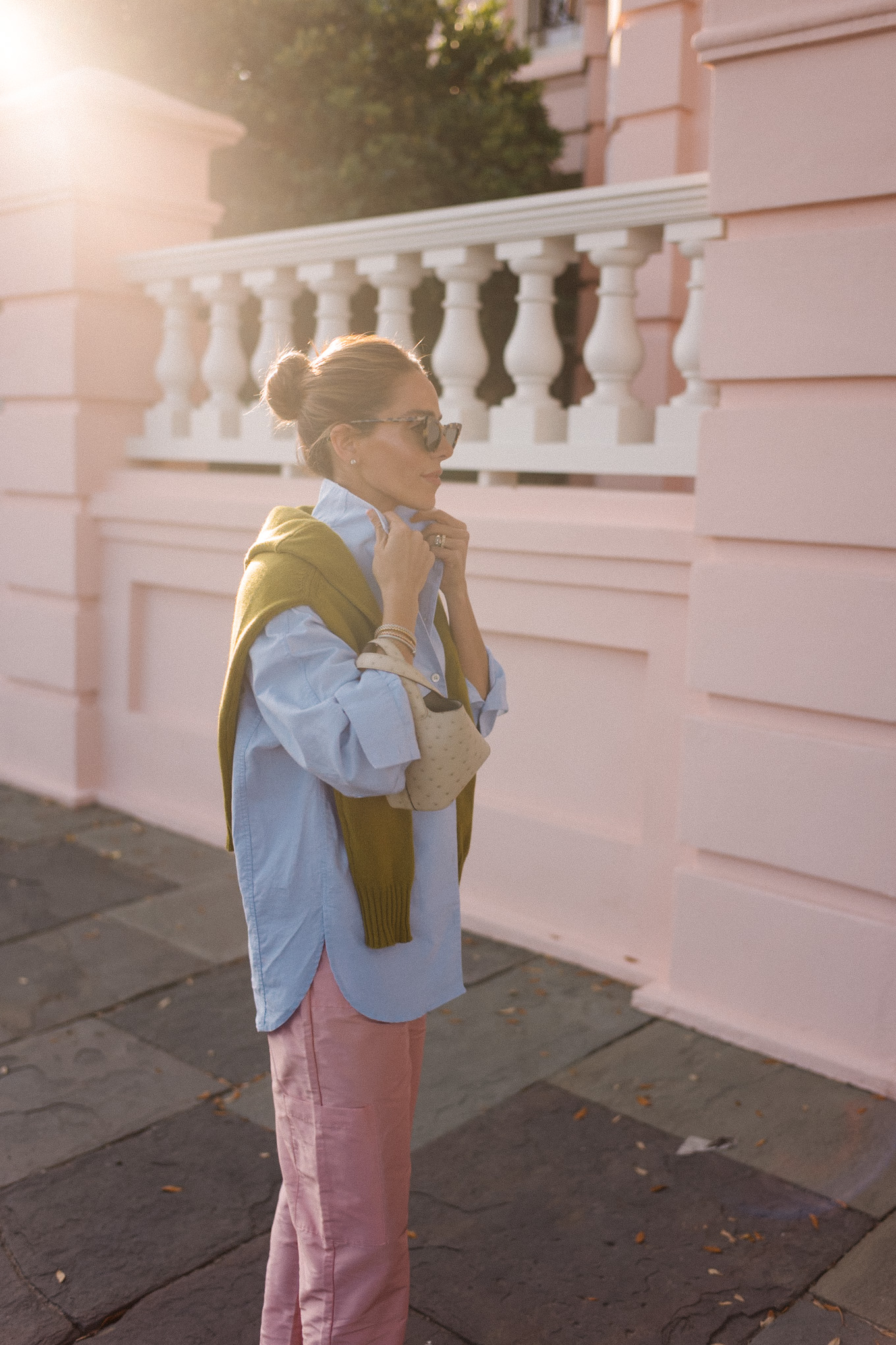 light blue button down chartreuse sweater pink taffeta pants velvet ballet flats