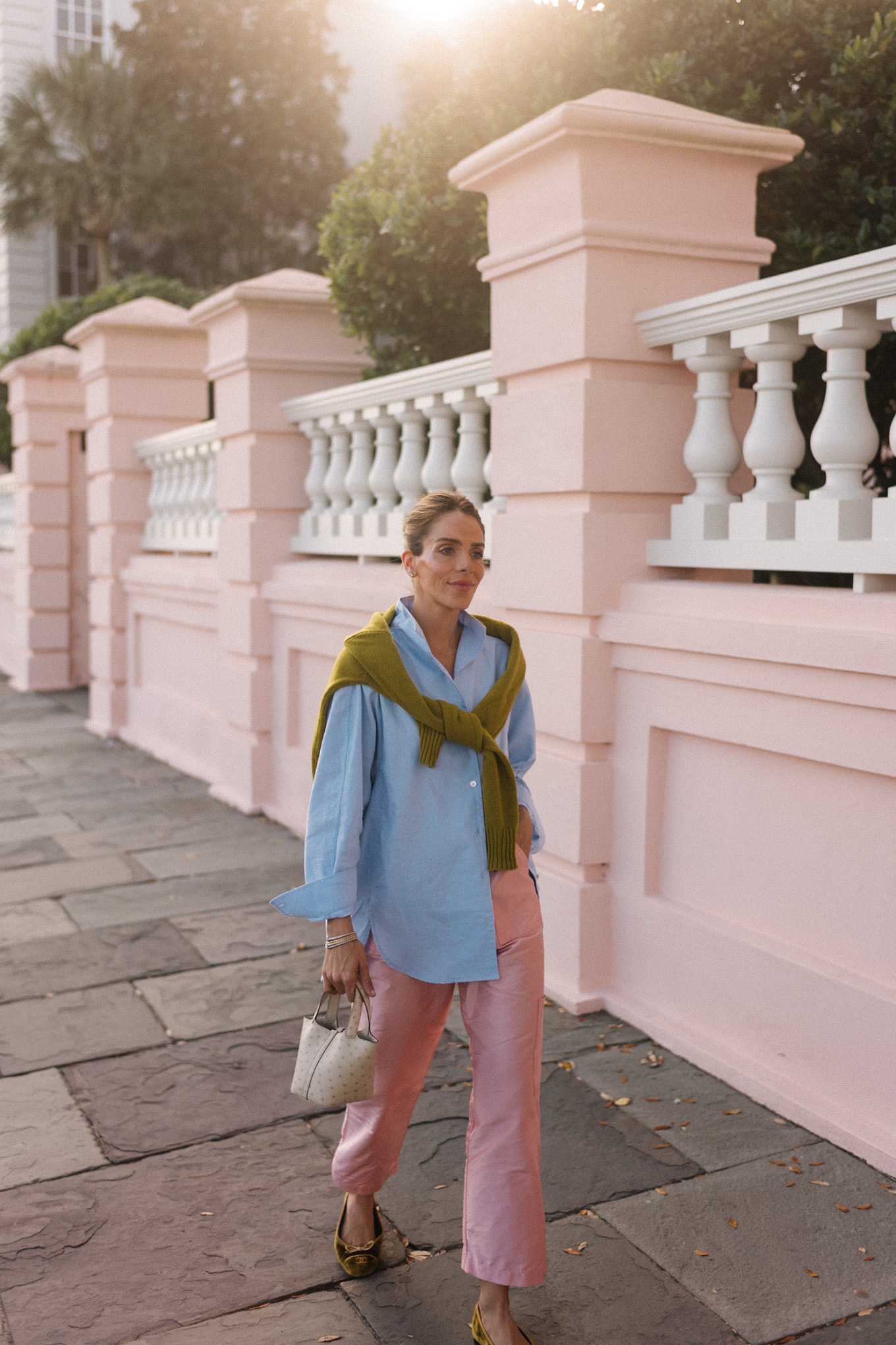 light blue button down chartreuse sweater pink taffeta pants velvet ballet flats