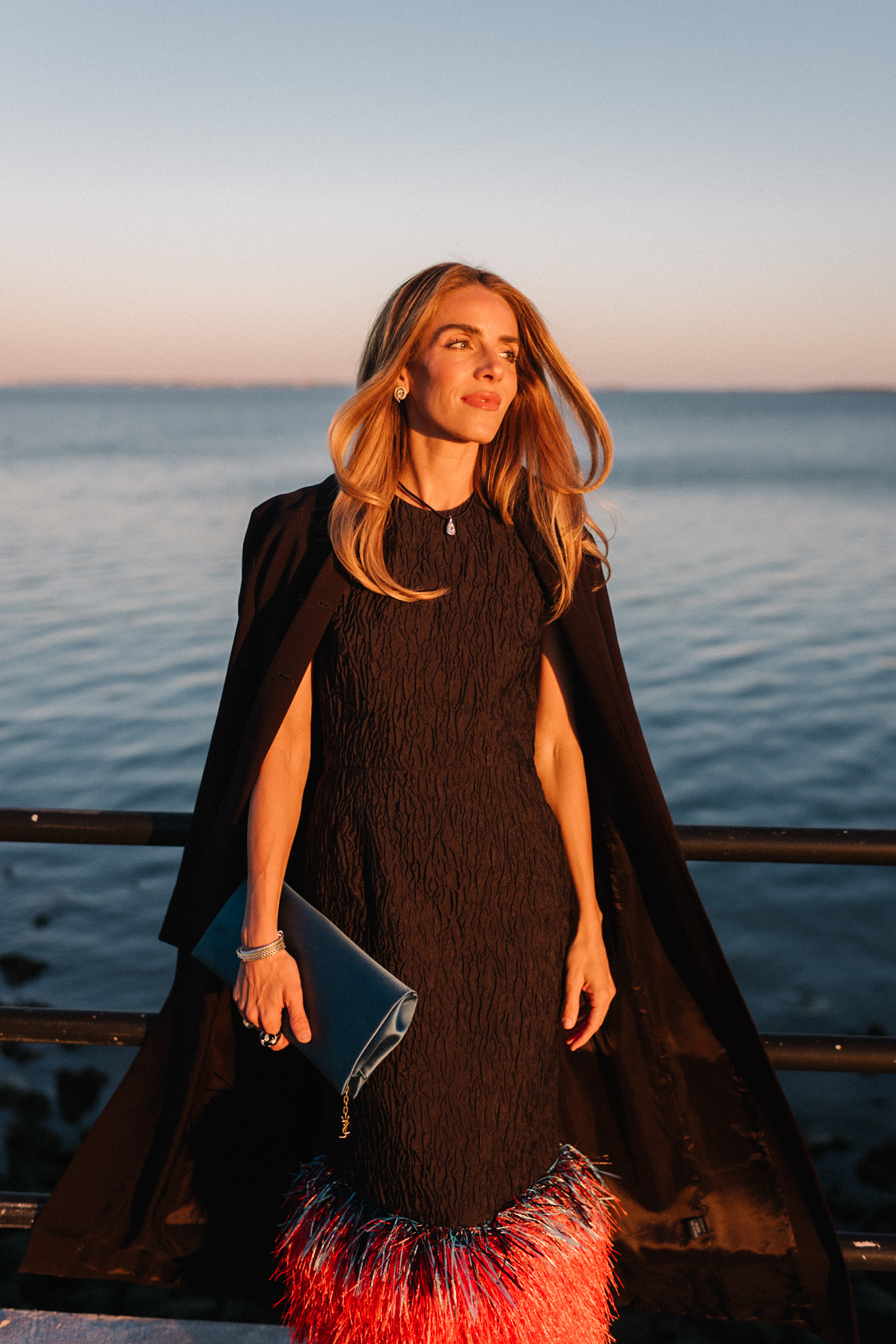 black feather trimmed midi dress silver pumps