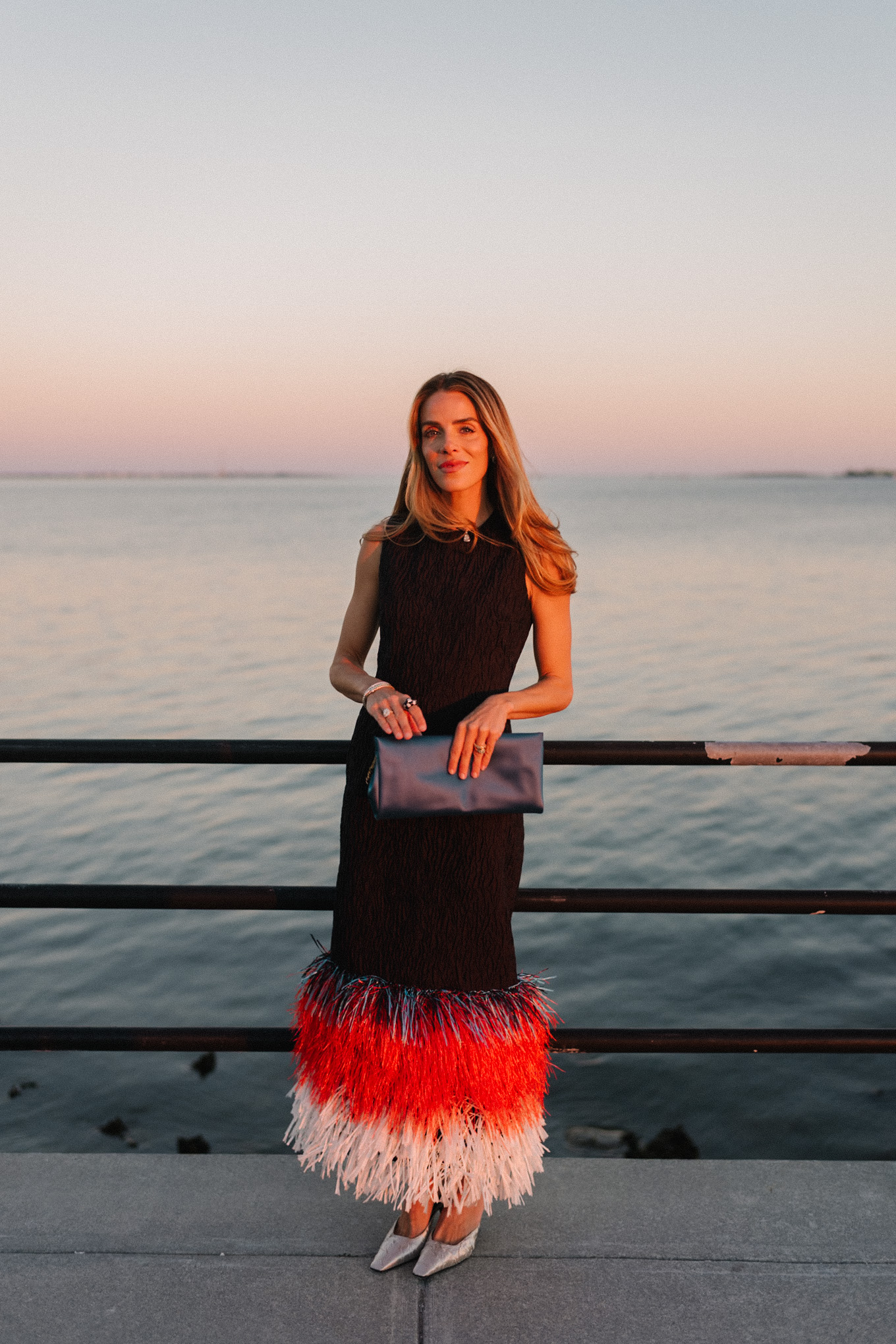 black feather trimmed midi dress silver pumps