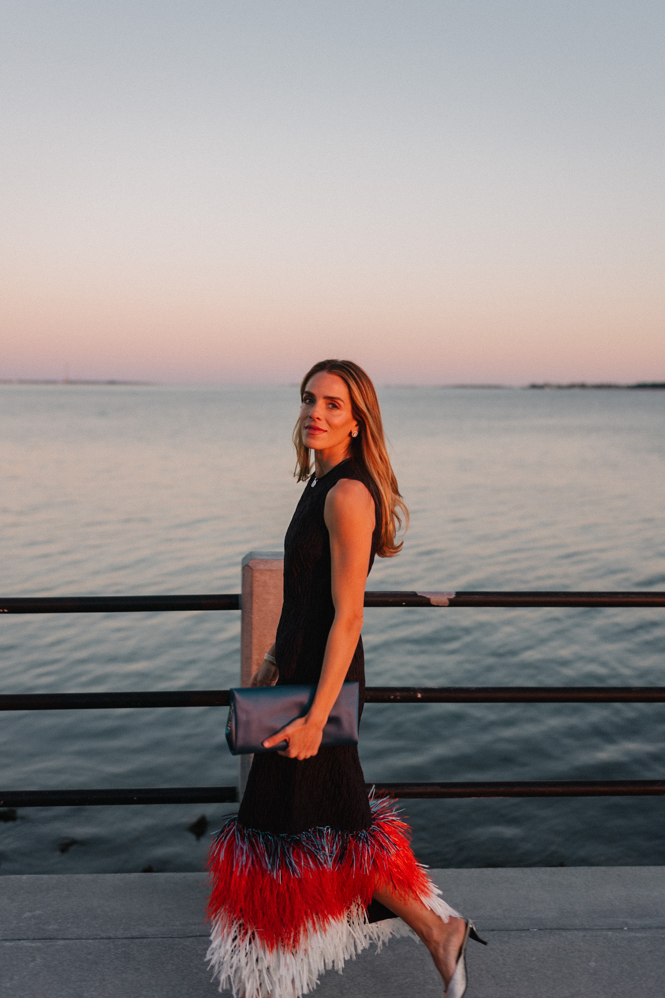 black feather trimmed midi dress silver pumps