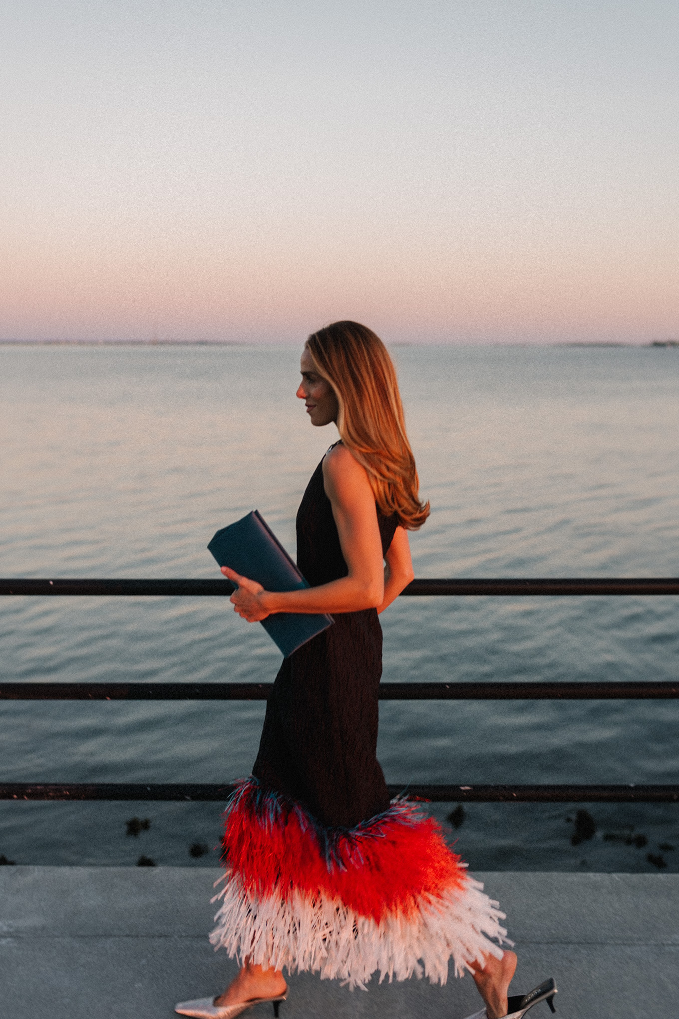 black feather trimmed midi dress silver pumps