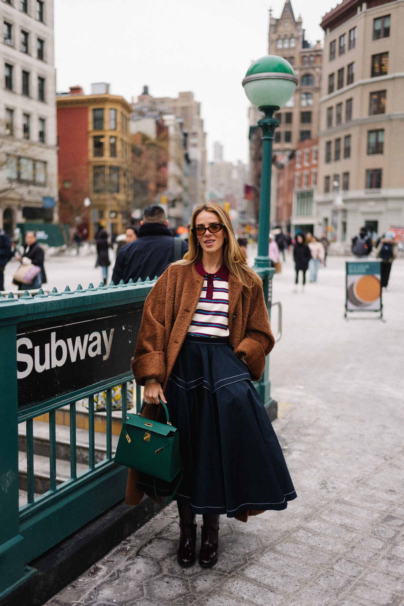 striped collared shirt brown teddy coat navy maxi skirt leather riding boots