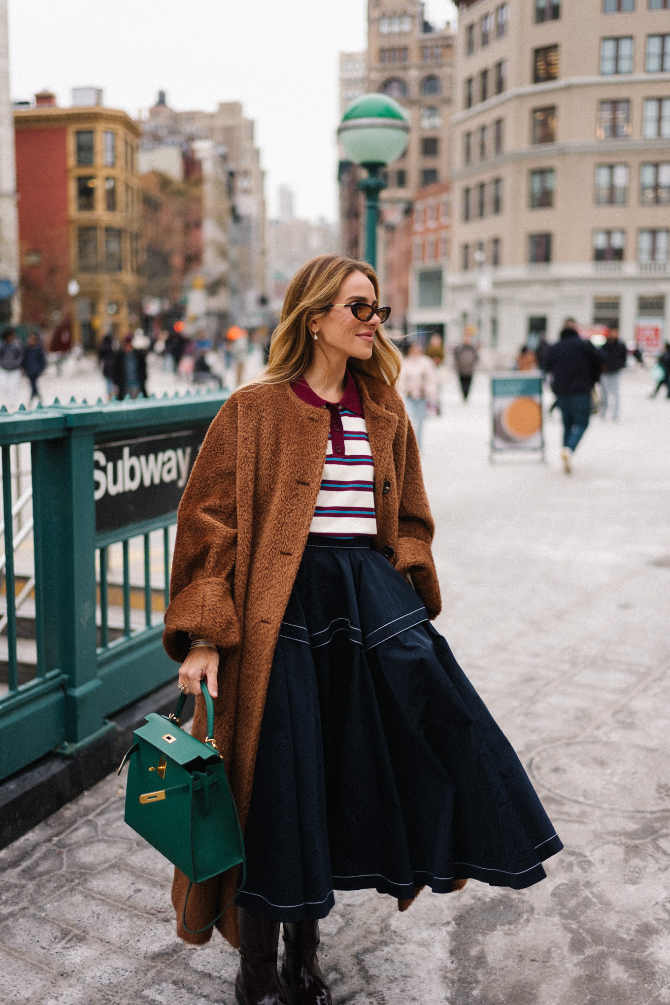 striped collared shirt brown teddy coat navy maxi skirt leather riding boots