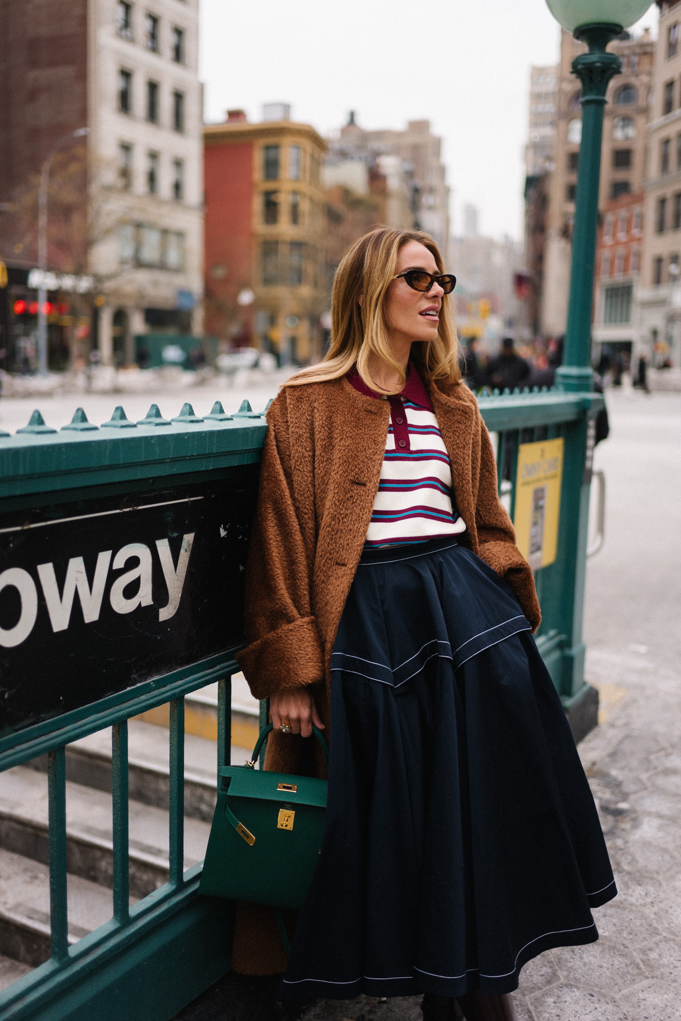 striped collared shirt brown teddy coat navy maxi skirt leather riding boots
