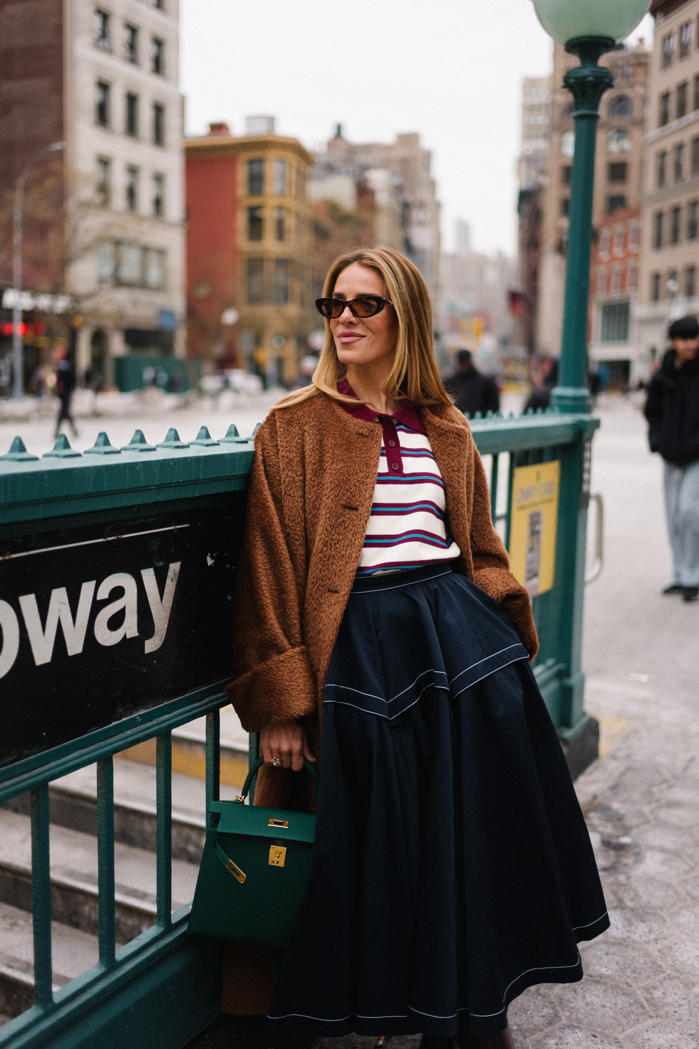 striped collared shirt brown teddy coat navy maxi skirt leather riding boots