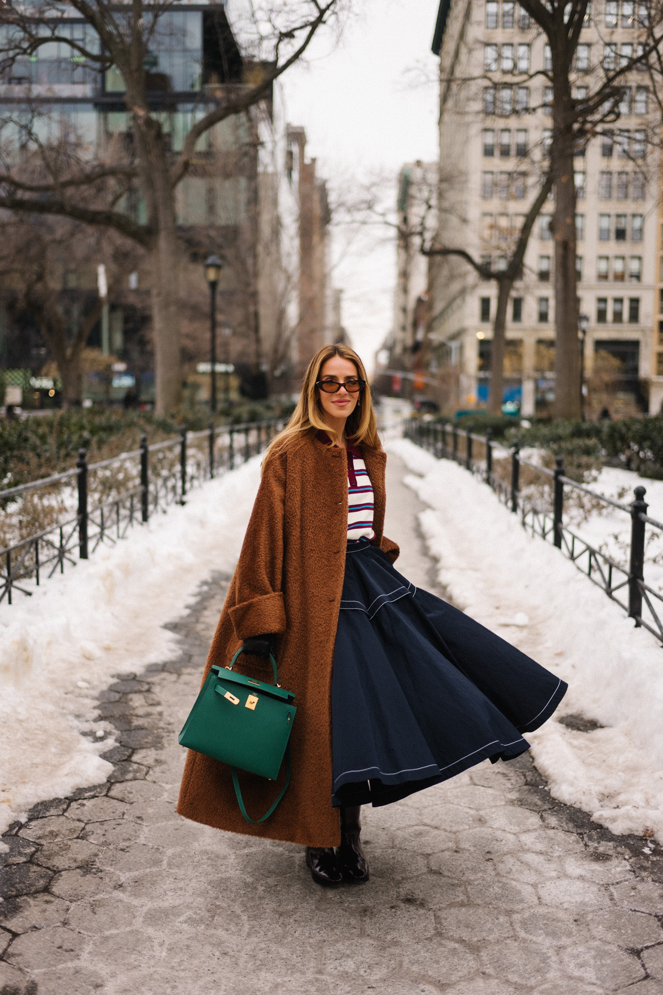 striped collared shirt brown teddy coat navy maxi skirt leather riding boots