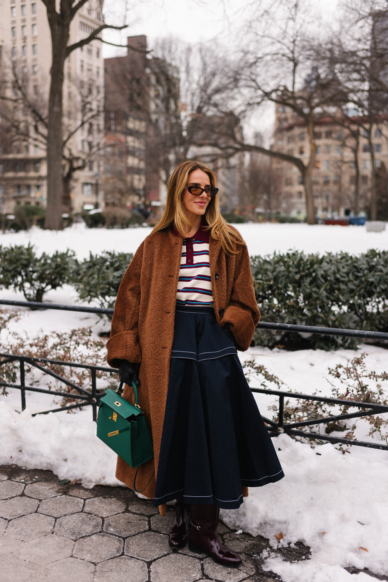 striped collared shirt brown teddy coat navy maxi skirt leather riding boots