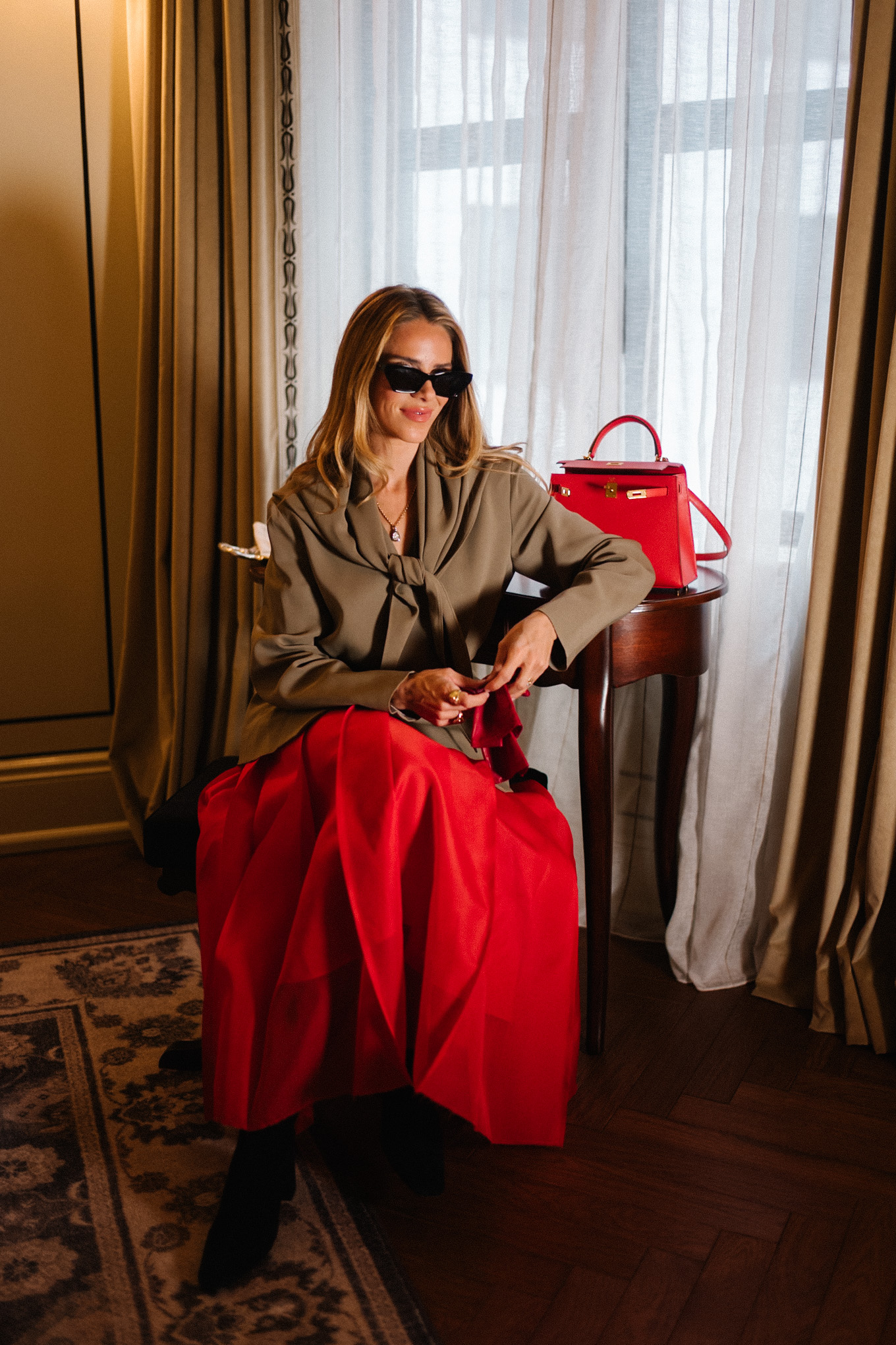 shearling coat tan scarf blazer red maxi skirt red leather handbag