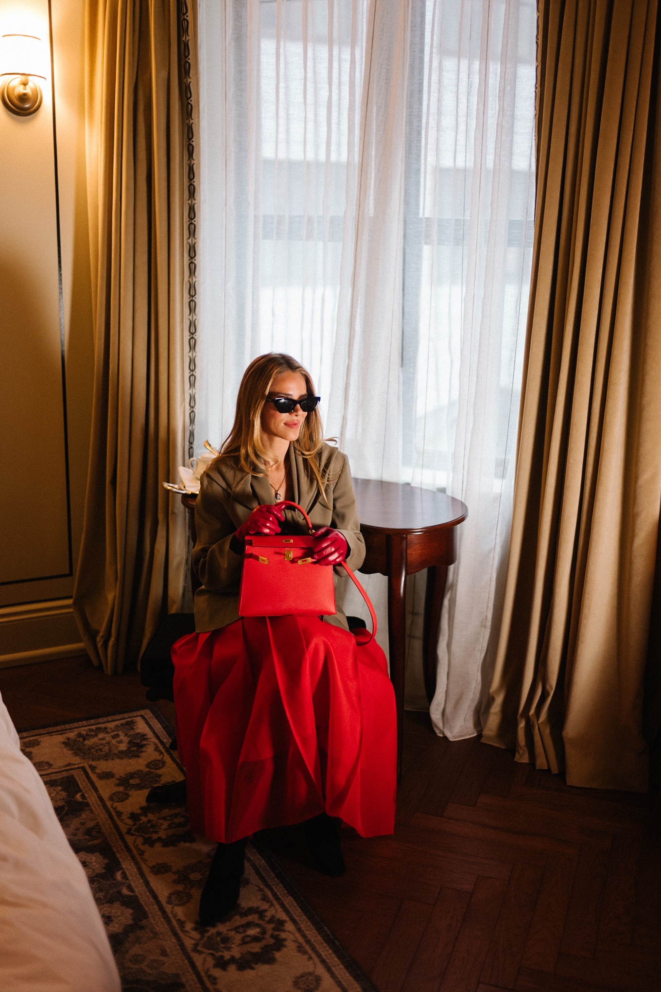 shearling coat tan scarf blazer red maxi skirt red leather handbag