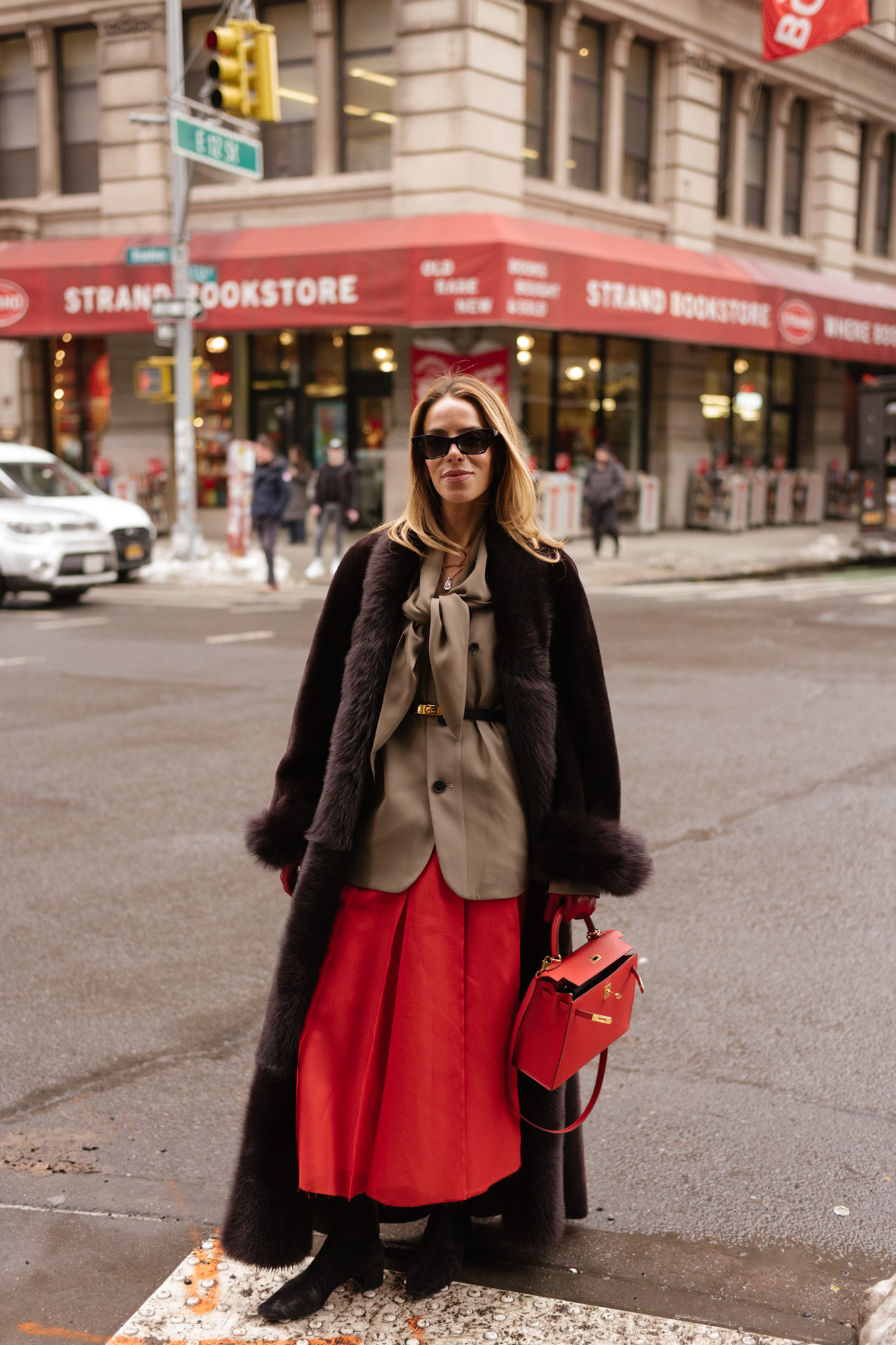 shearling coat tan scarf blazer red maxi skirt red leather handbag
