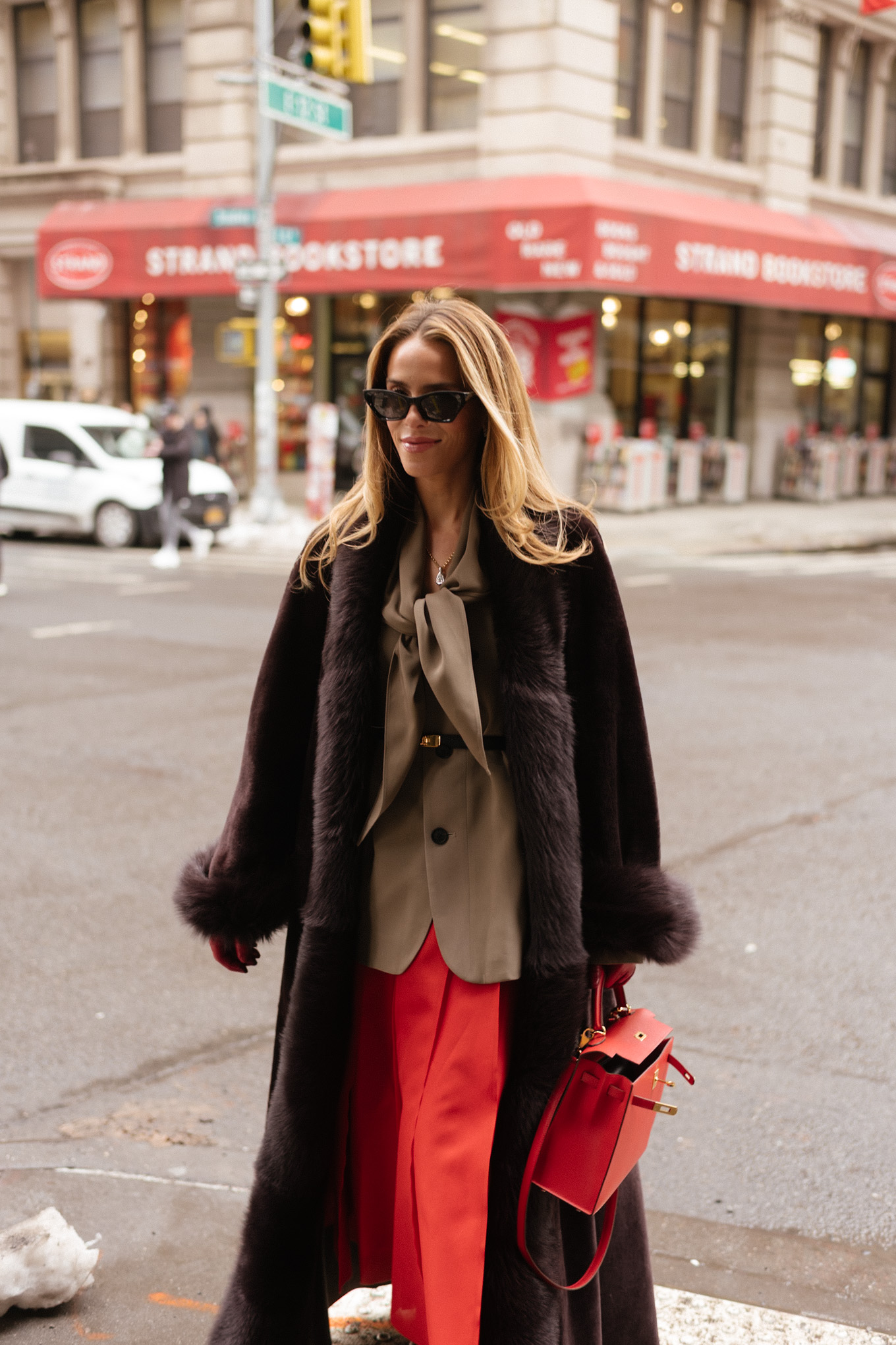 shearling coat tan scarf blazer red maxi skirt red leather handbag