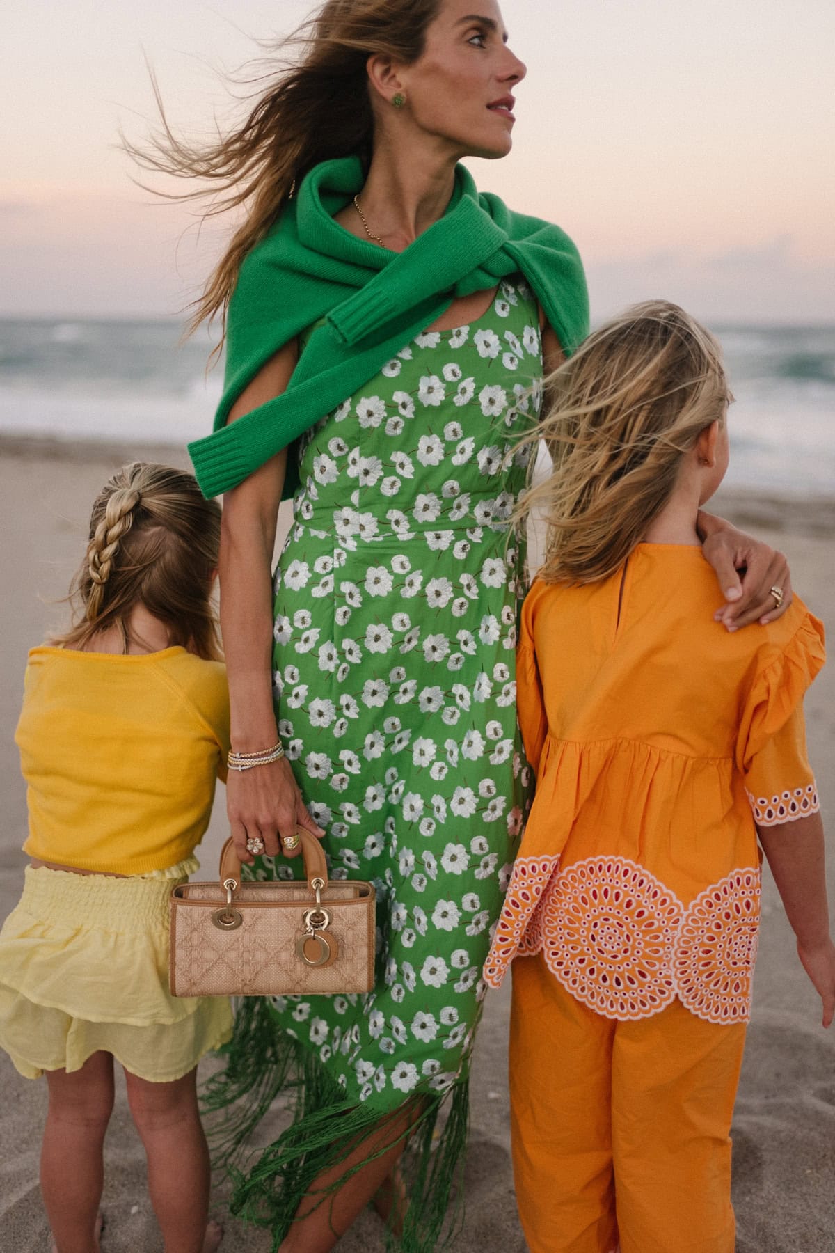 green white fringe knit midi dress green sweater