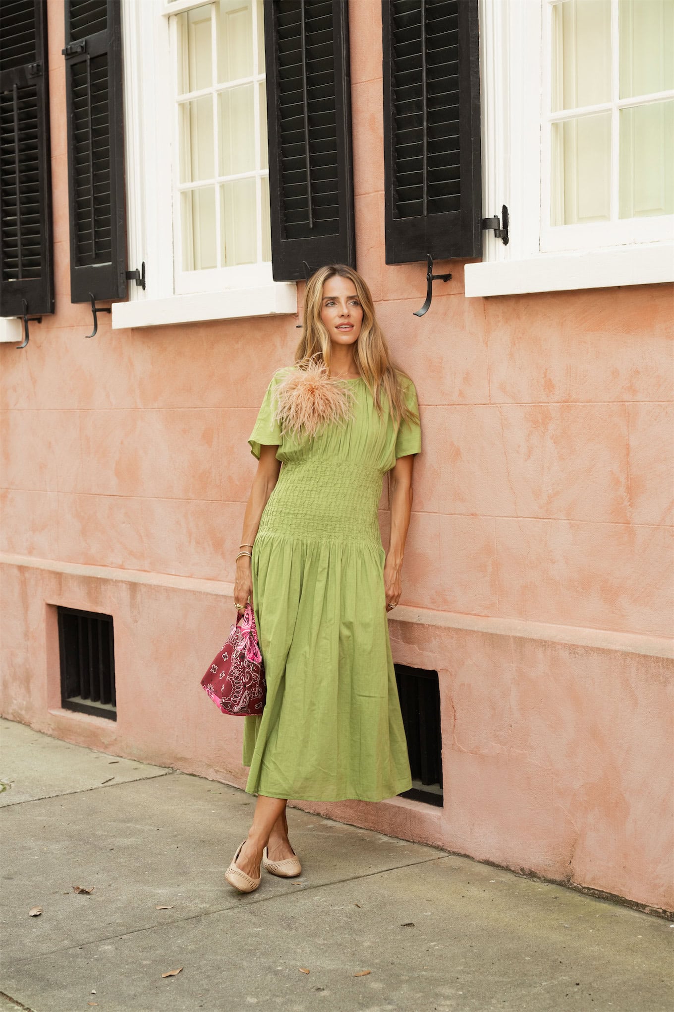 green maxi dress rattan flats