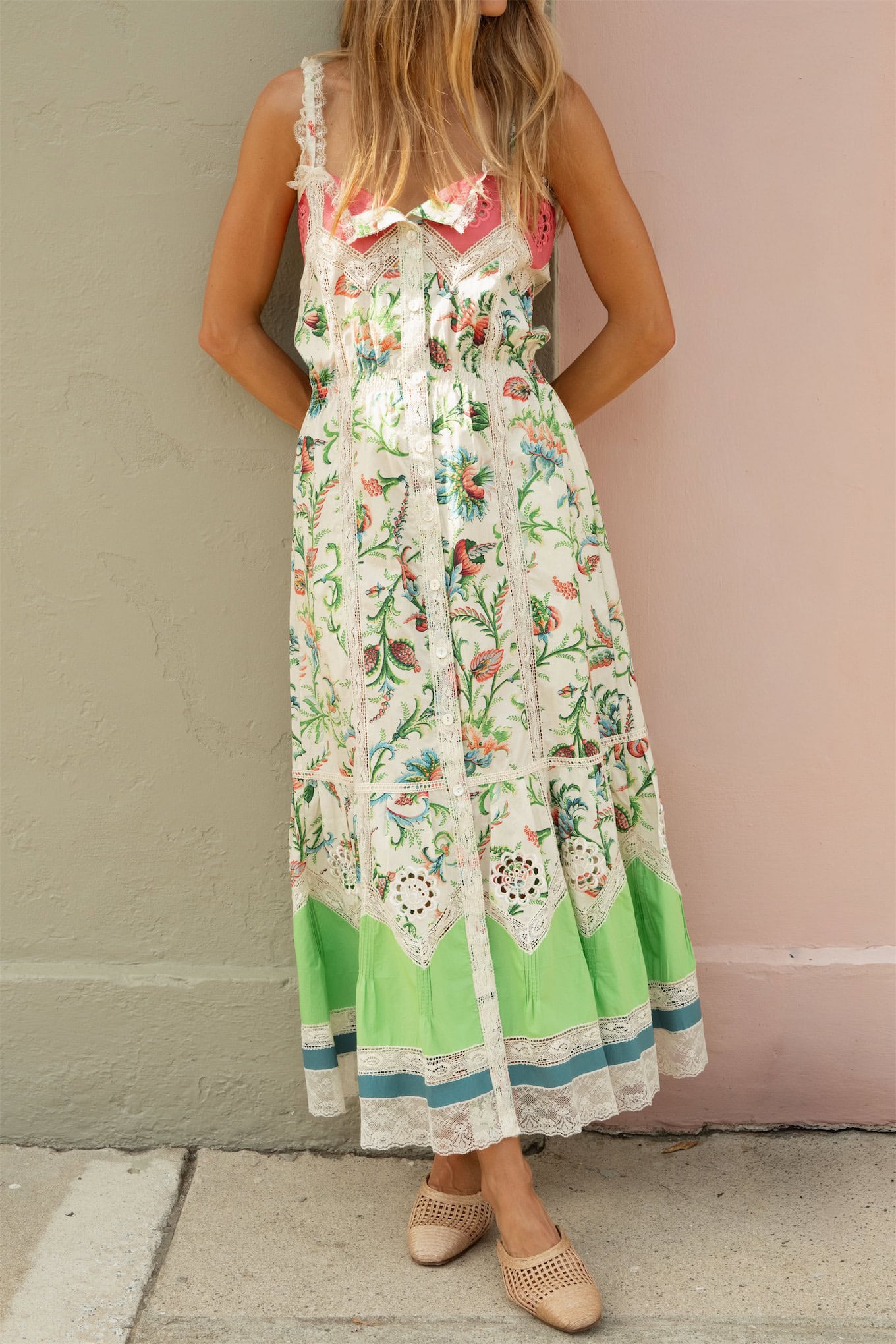 rattan mules floral maxi dress