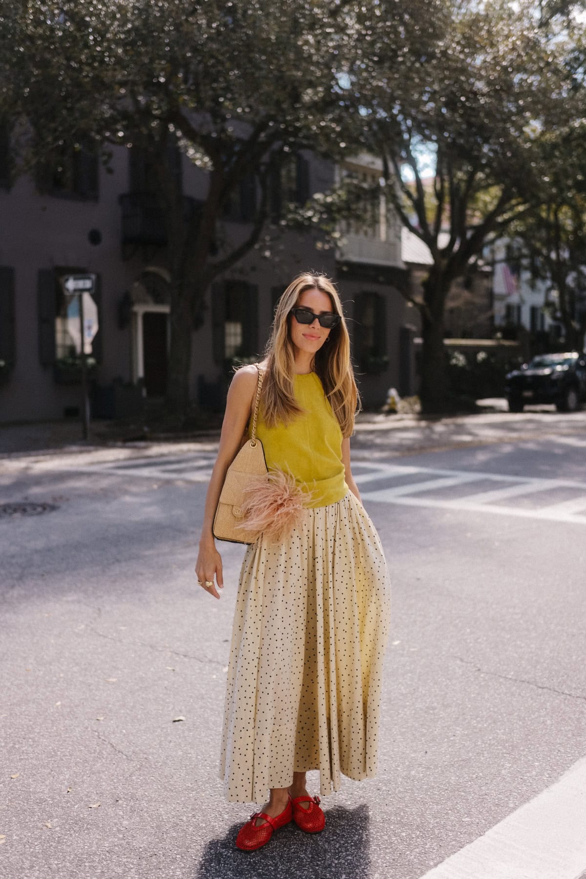 chartreuse halter top cream polka dot maxi skirt red mesh flats