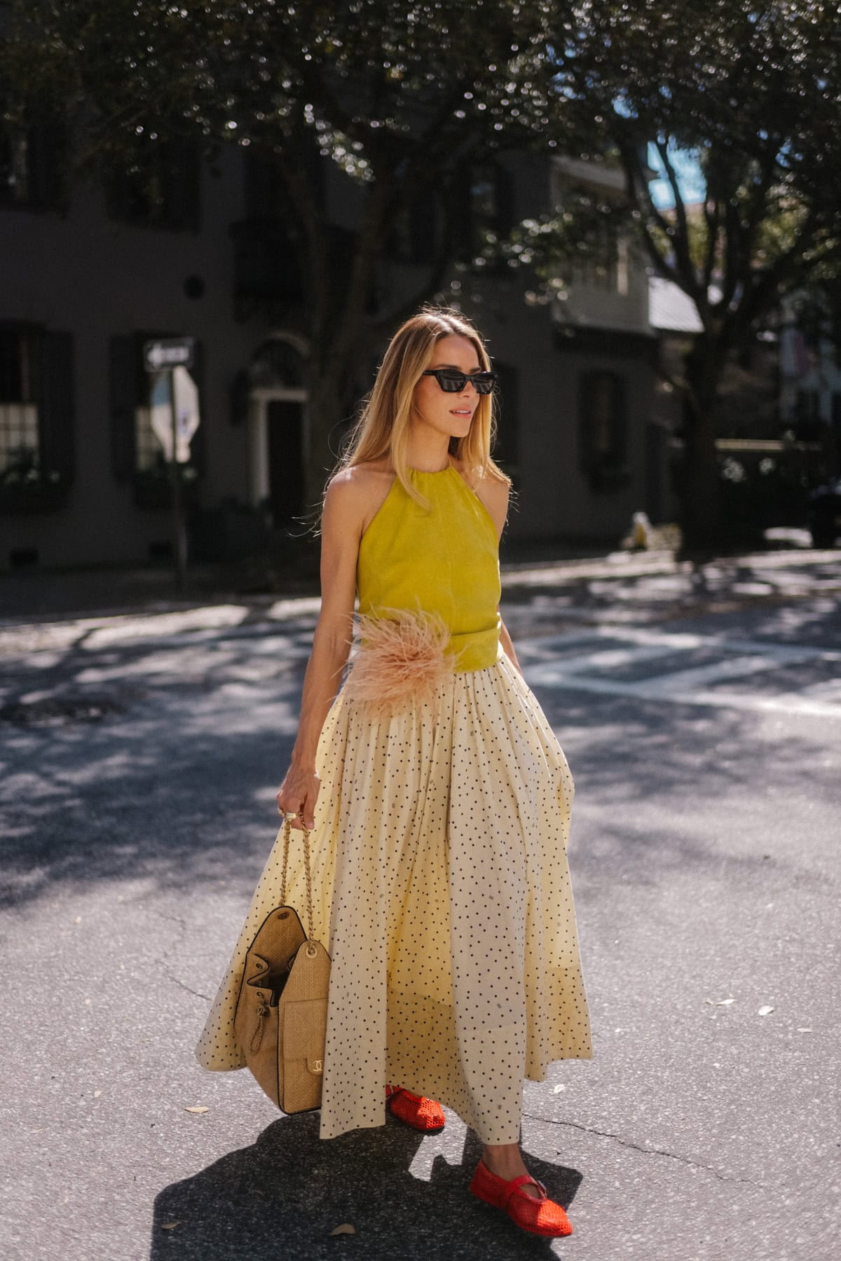 chartreuse halter top cream polka dot maxi skirt red mesh flats