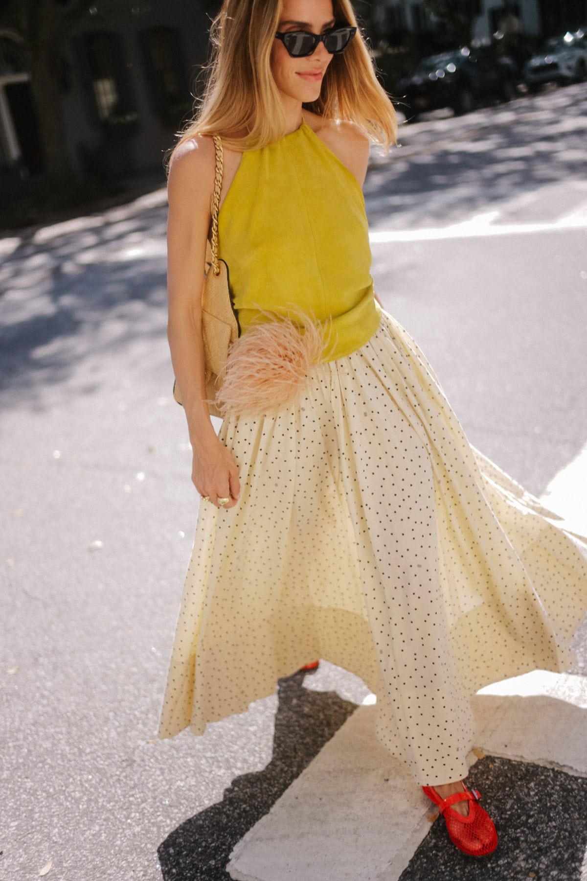 chartreuse halter top cream polka dot maxi skirt red mesh flats